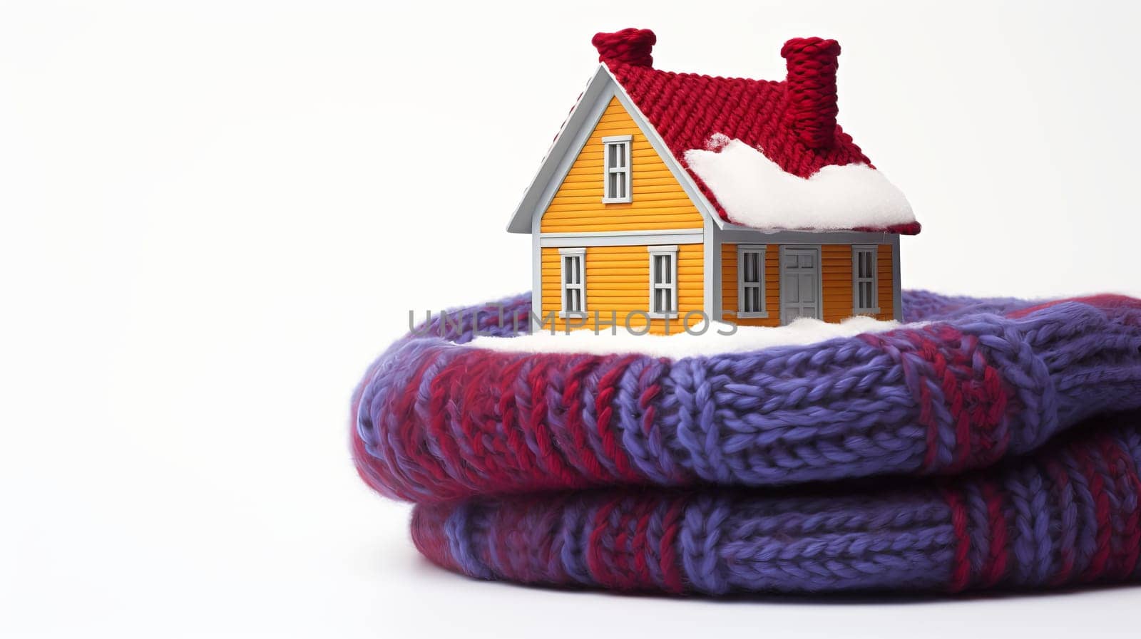 house in winter - heating system concept and cold snowy weather with model of a house wearing a knitted cap