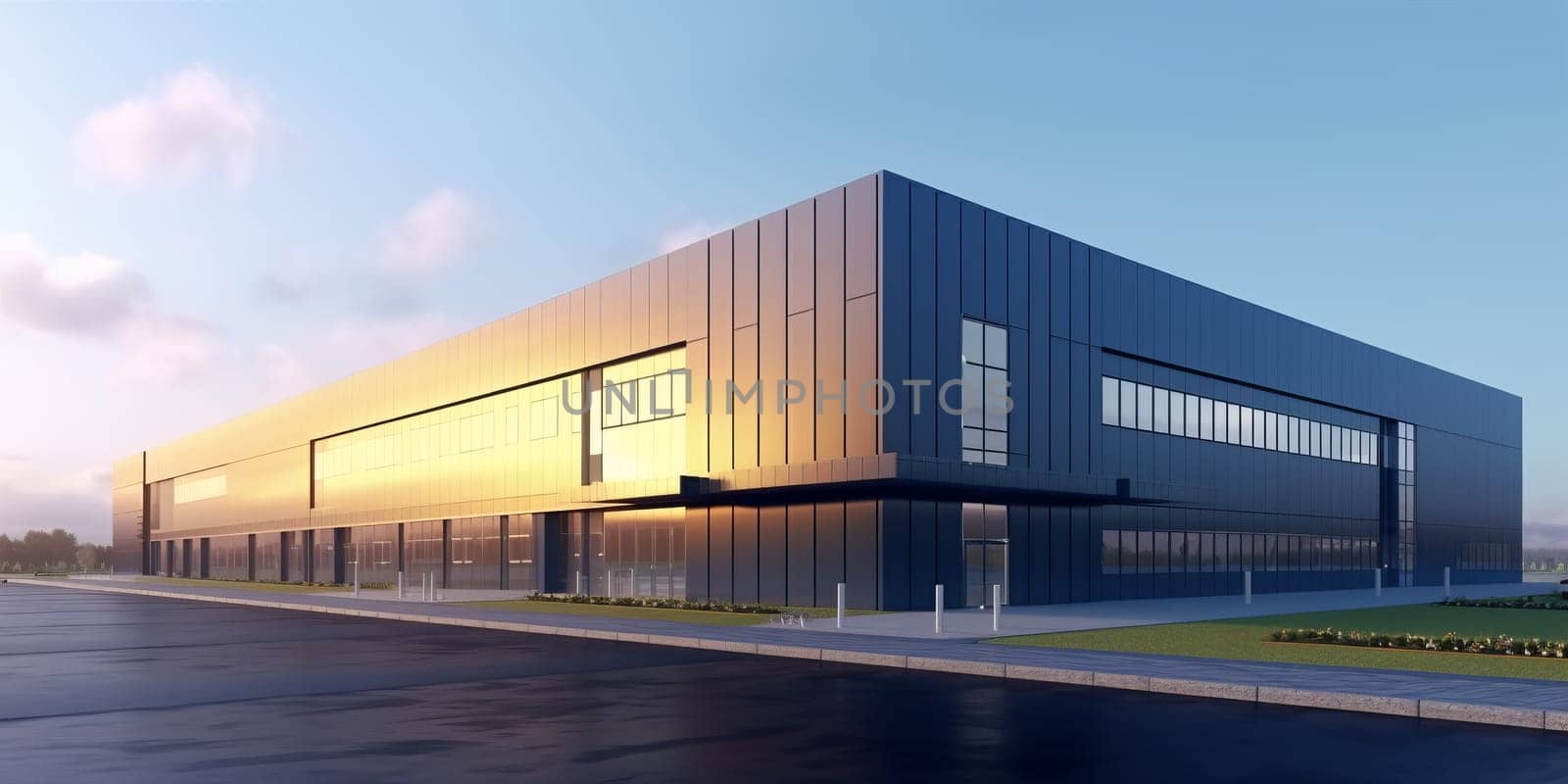 Newly built logistics park with warehouse, loading hub