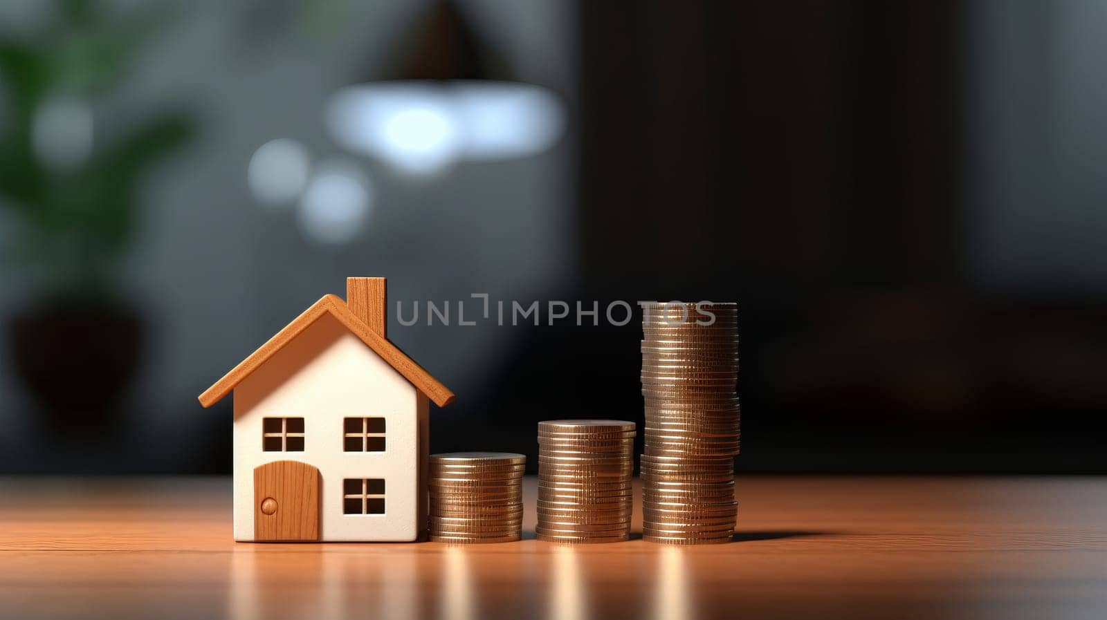 Miniature white house on stack coins using as property and financial concept. Ideal for mortgage property ladders and real estate investments, putting a house on top of a stack of coins.