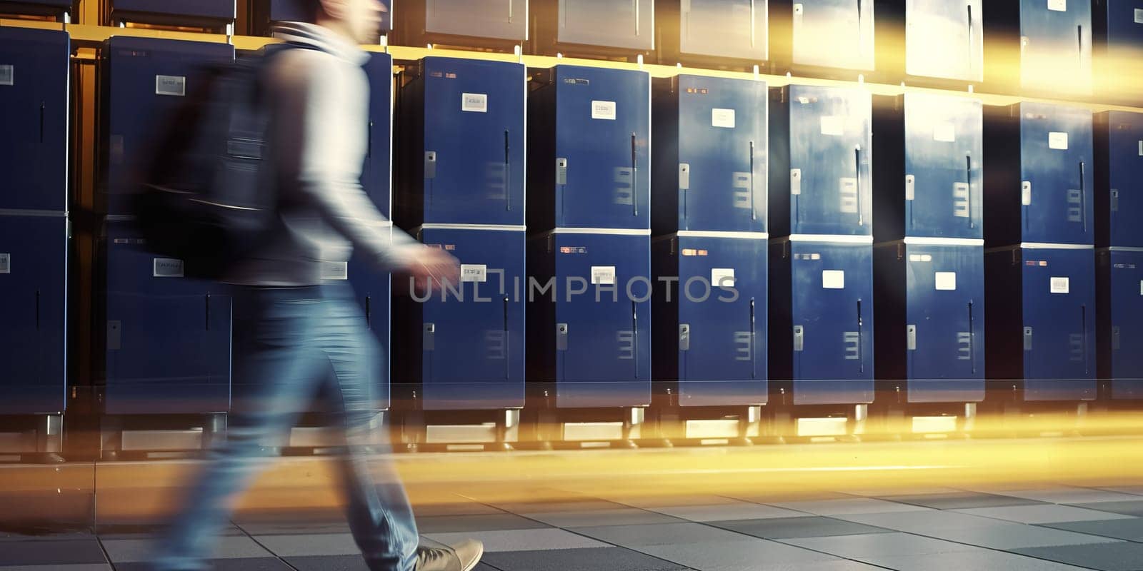 A person walks on airport, train station, gym, office lockers.