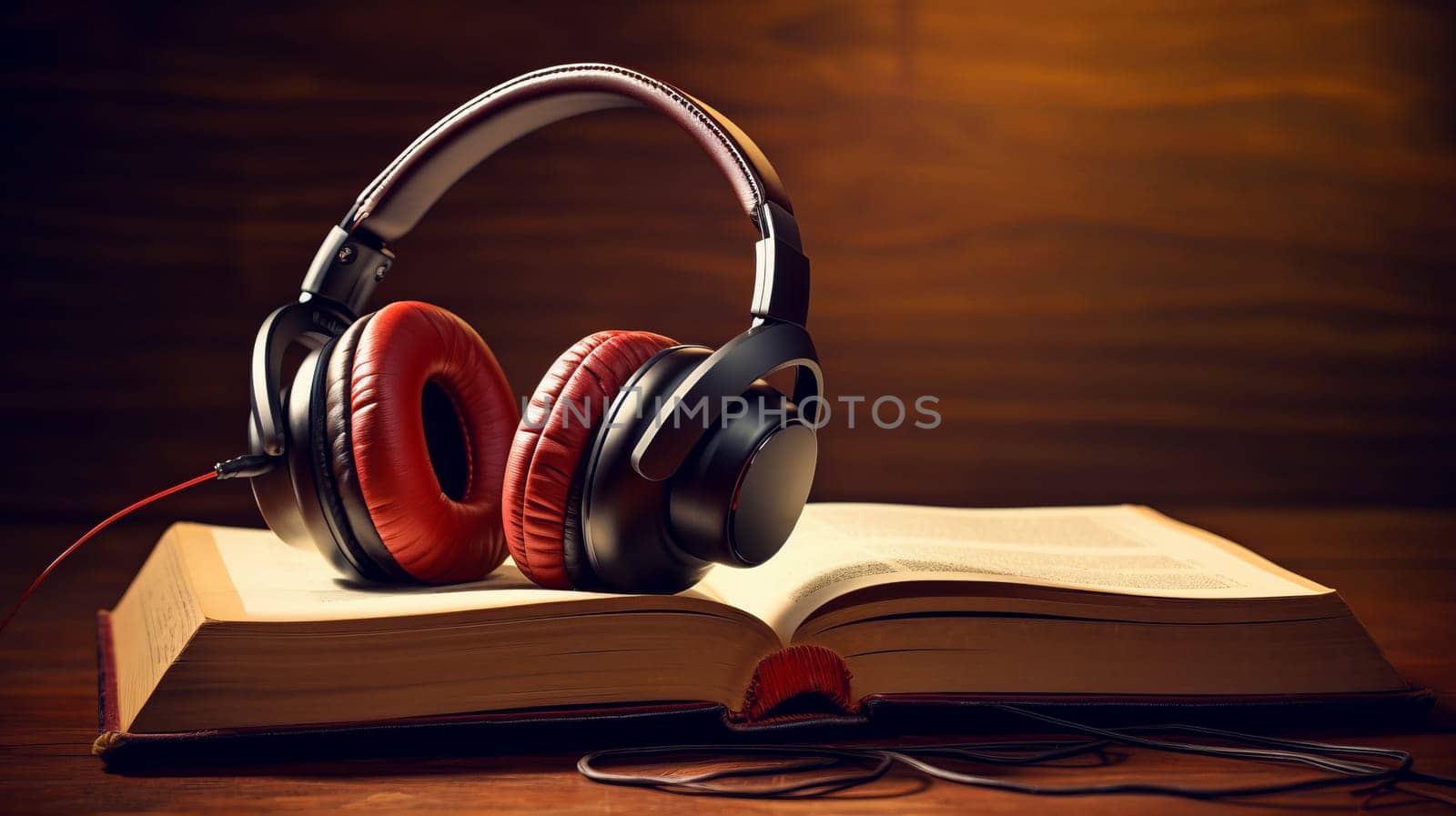 books with the earphones. Audiobooks. Listen and study concept.