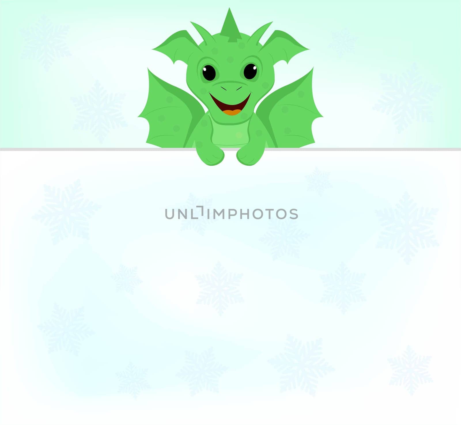 Cartoon light green dragon on a light background with snowflakes with copy space. Symbol of 2024. Vector image.