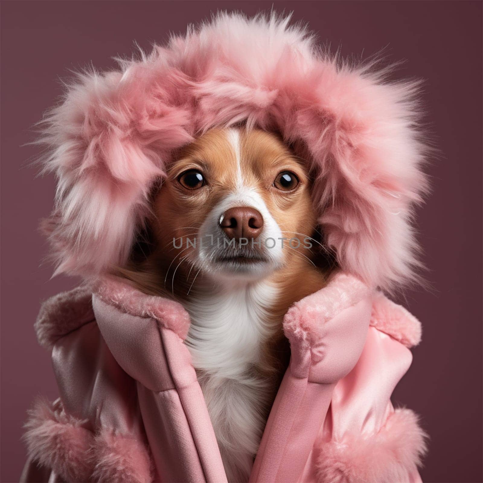 cute funny dog in a pink hat and jacket on a colored background. Favorite pets. Advertising poster for a store. Concept of food and clothing for pets.