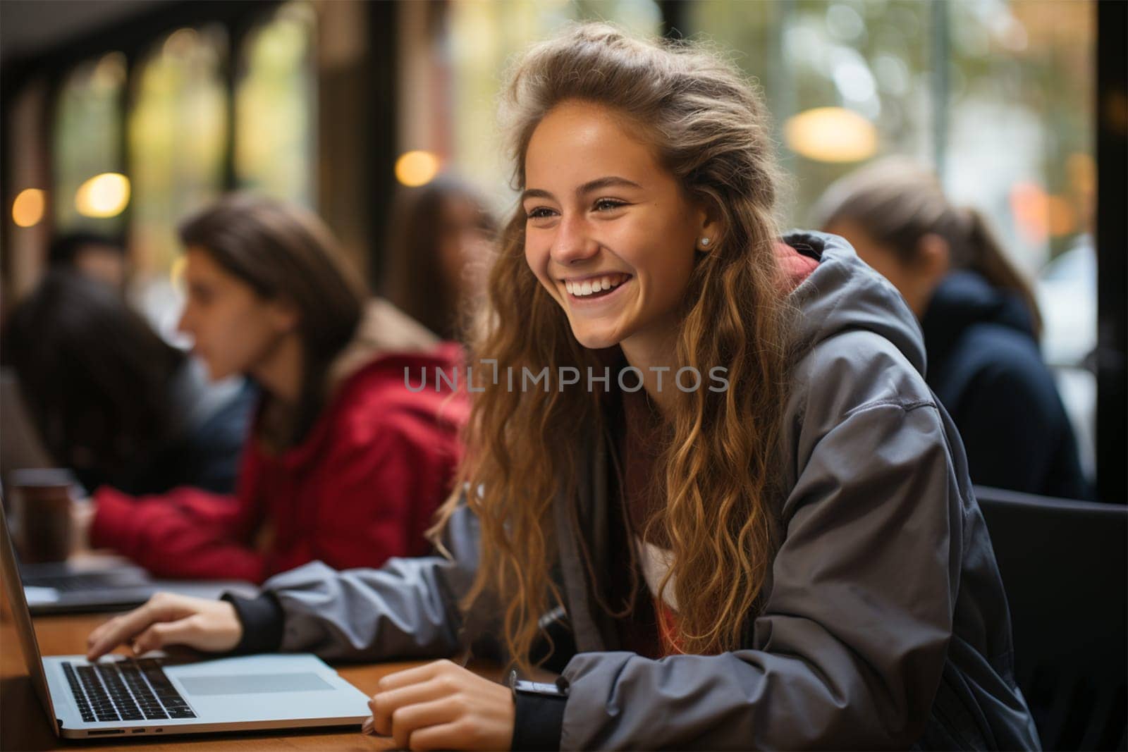 Beautiful cheerful attractive girl working in a cafe with a laptop in a cozy cafe - the concept of productivity and relaxation.