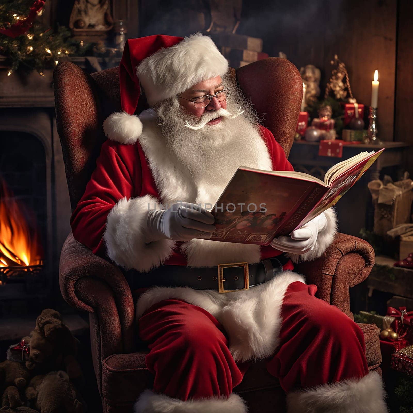 Santa Claus reads a book in a room with a fireplace, decorated for Christmas. Christmas and New Year concept