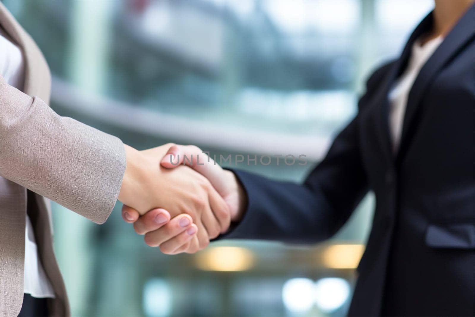 business handshake.Close-up of business people businessman and businesswoman making a deal low angle view of blurred business background