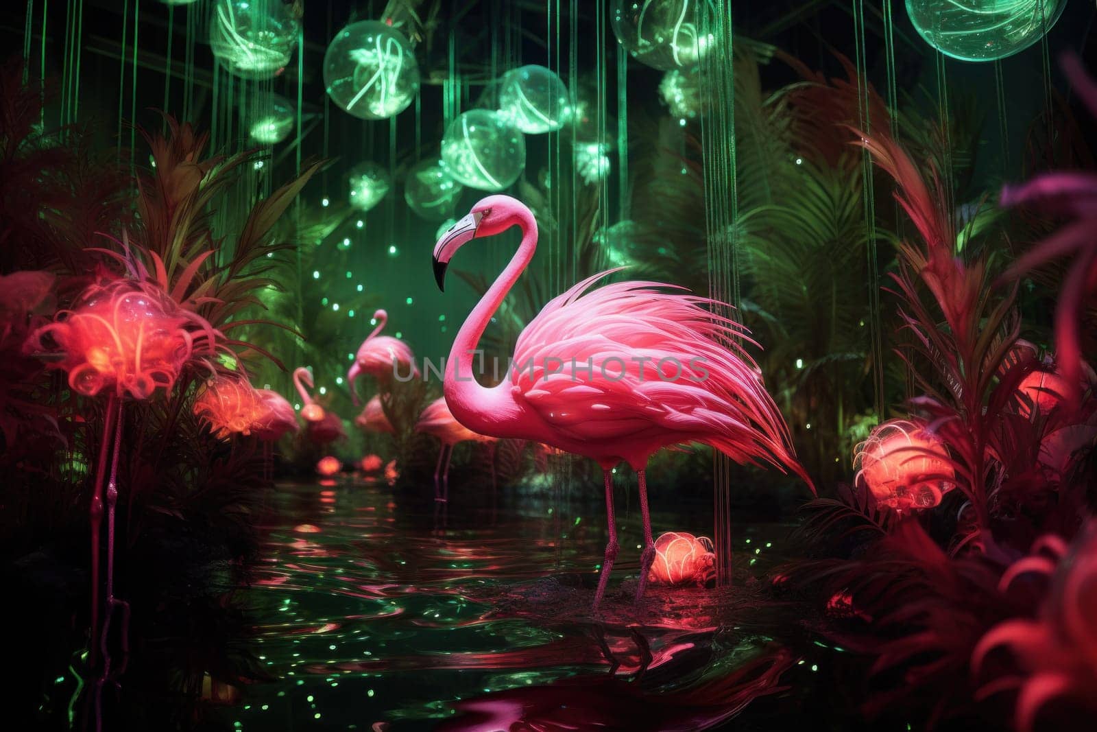 Tropical flowers, plants, music and flamingos. illustration of exotic pattern, flowers for background, wallpaper or poster.