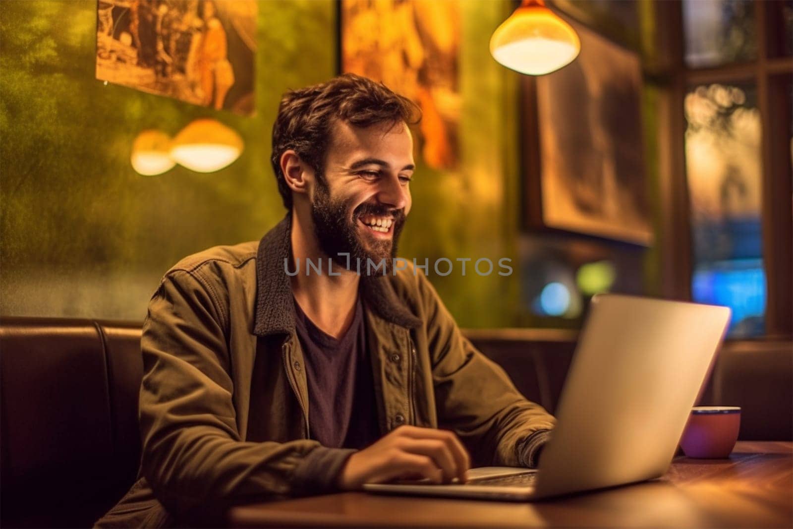 A young man works at a laptop in a cafe and smiles.