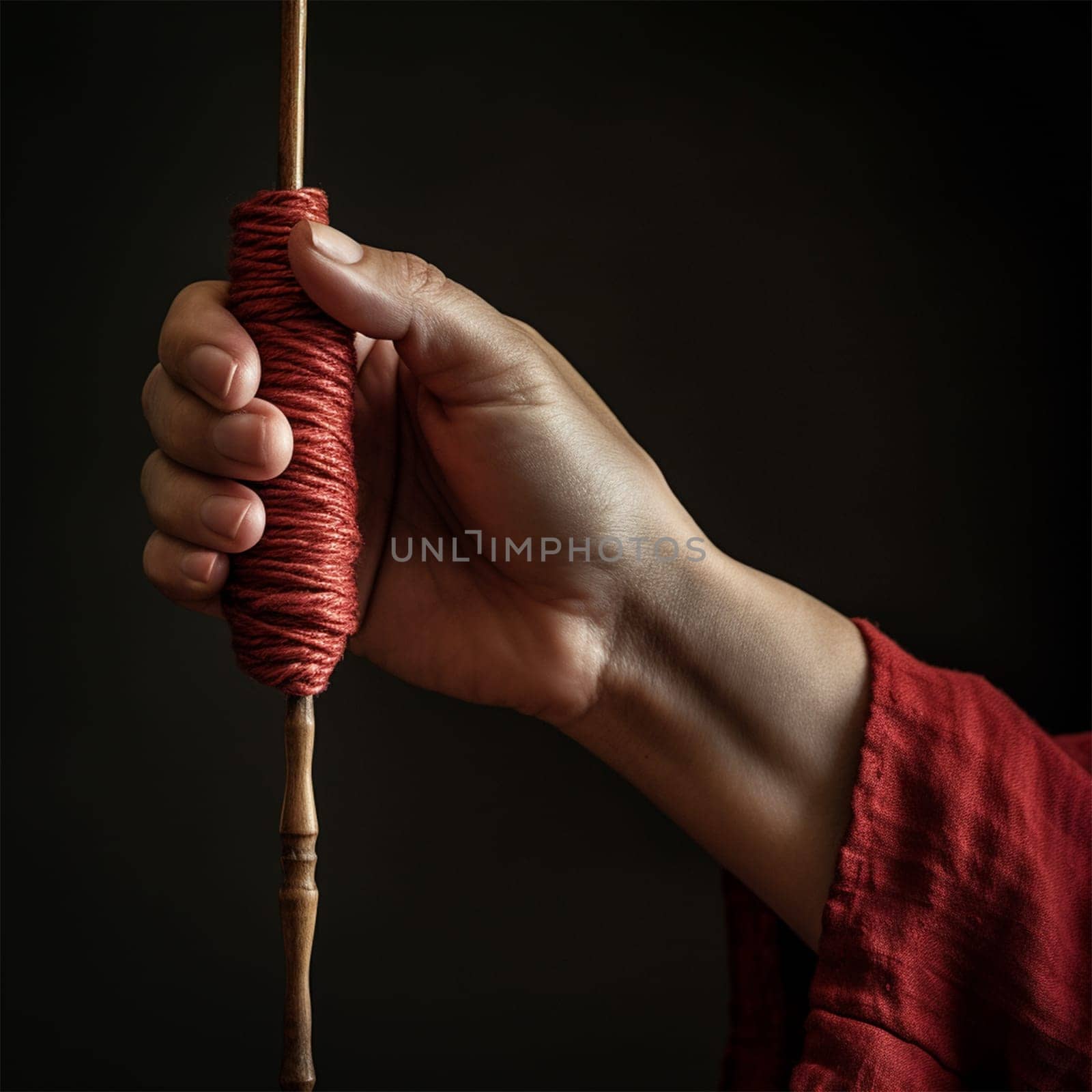 Woman's hand with spindle and yarn. ancient crafts