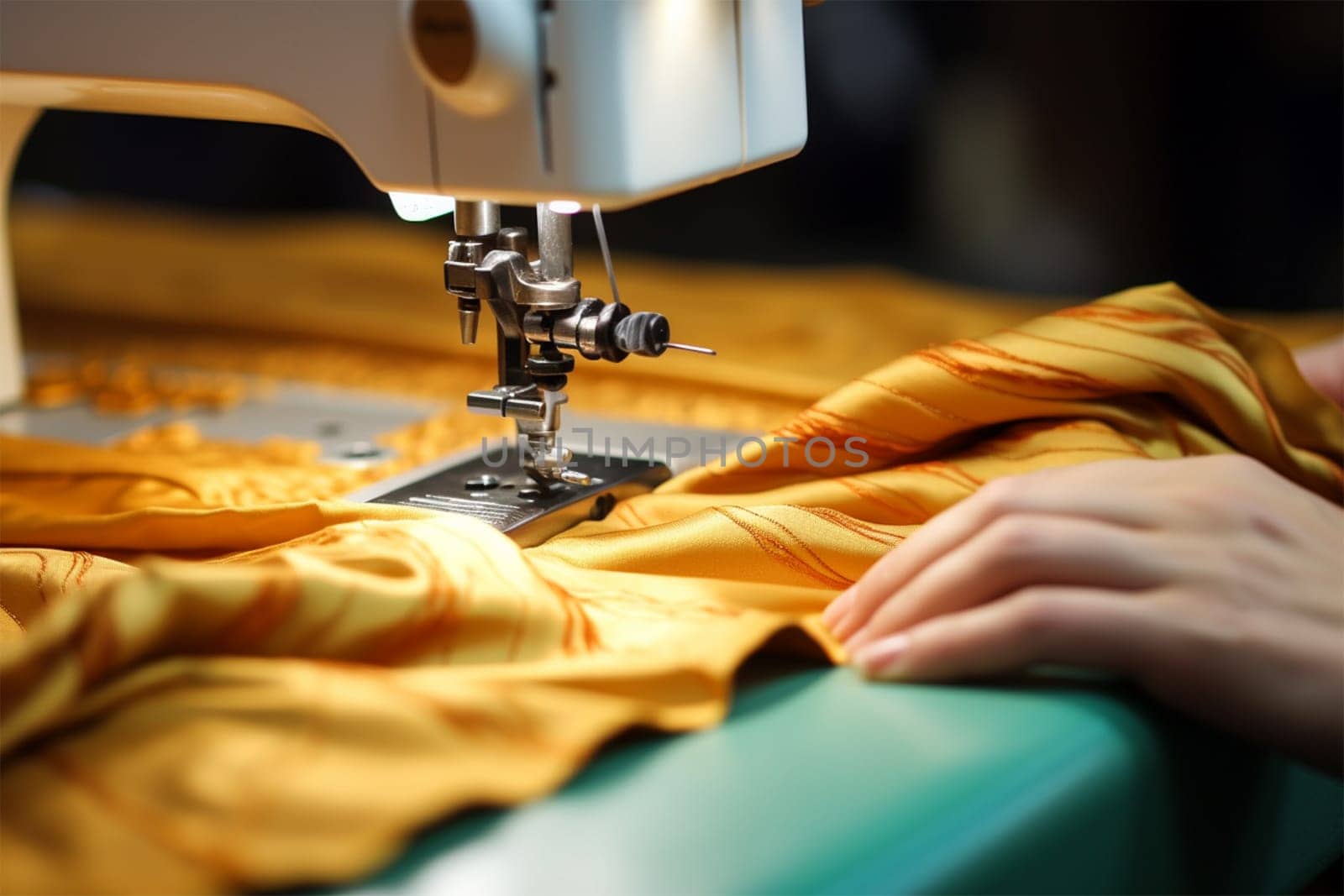 seamstress hands with fabric on a sewing machine, vintage craft. a sewing machine sews fabric. sewing in a workshop or factory