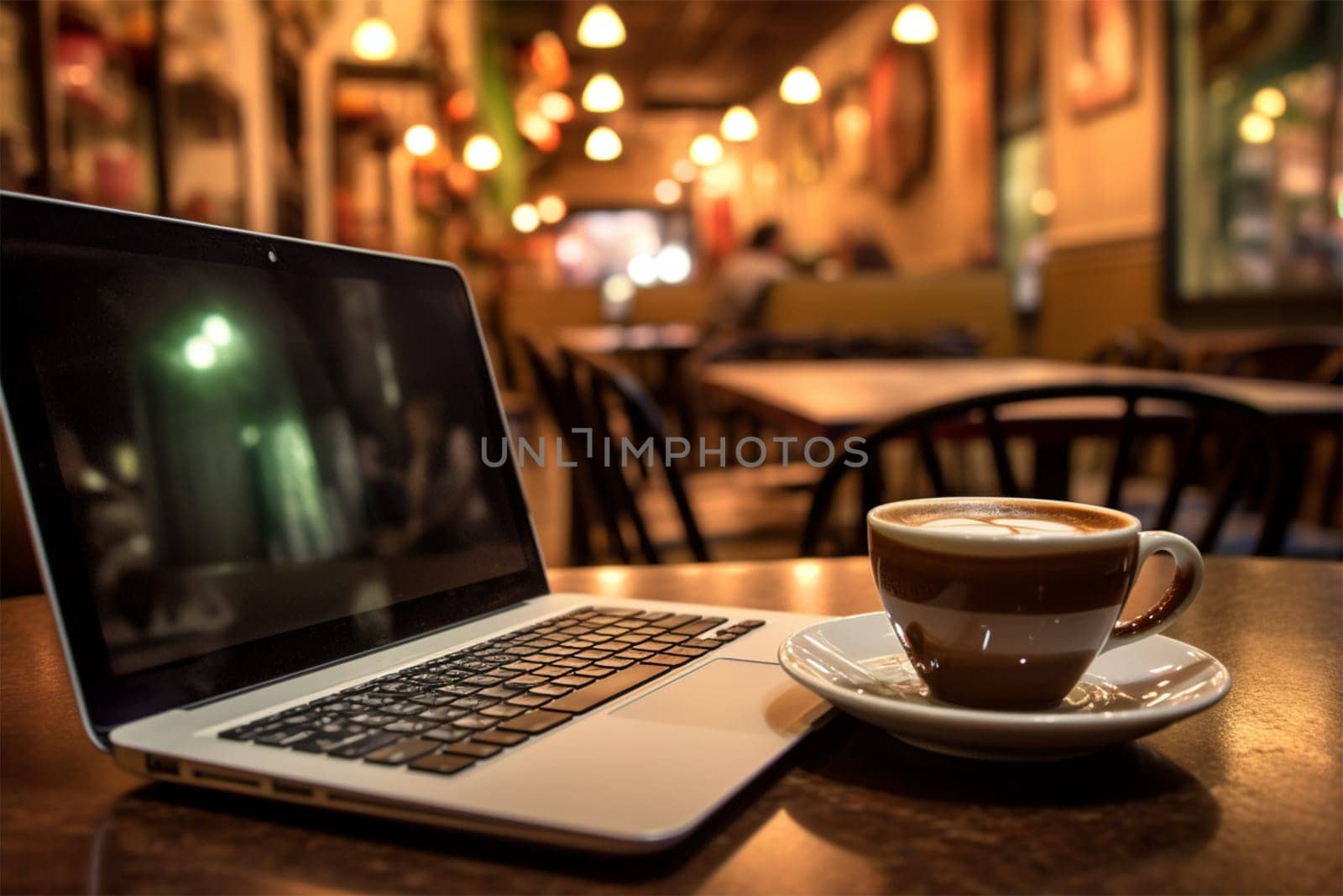 Laptop and cup of coffee on table in cafe, screen mockup