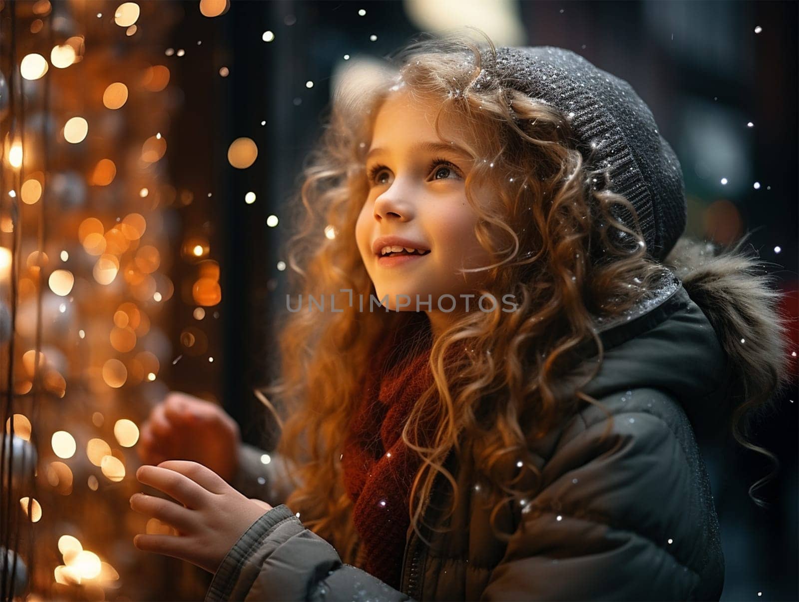 A joyful girl examines with interest a shop window decorated with illumination on Christmas Eve.