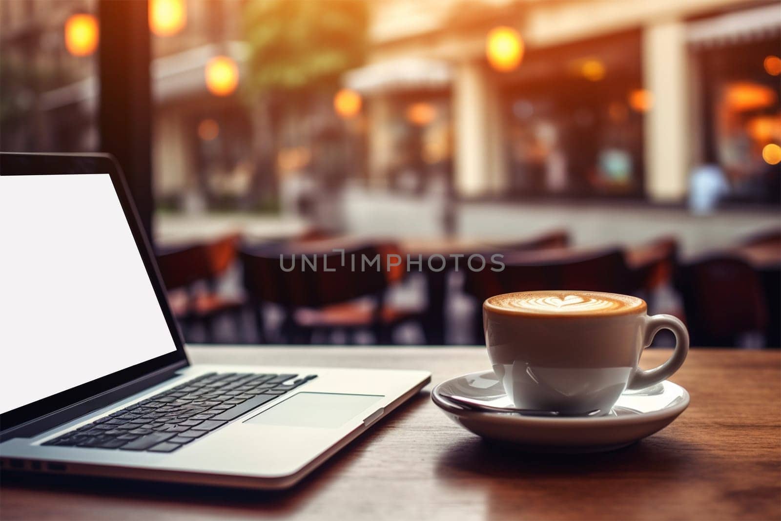 Laptop and cup of coffee on table in cafe, screen mockup