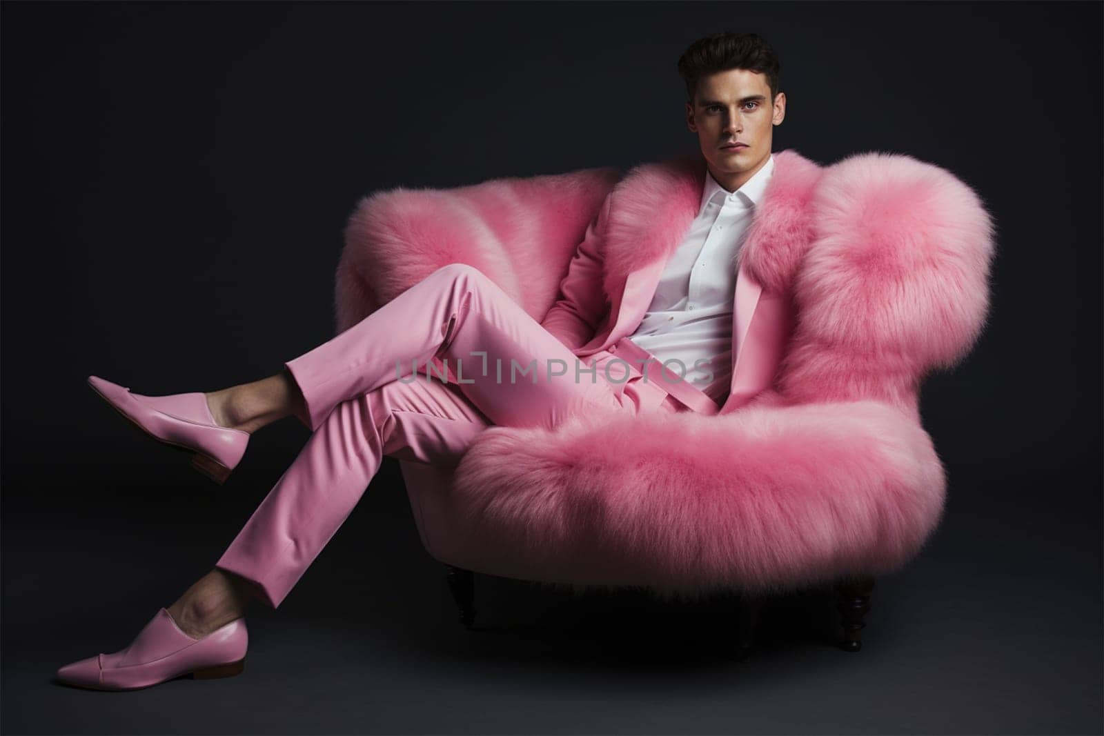fashionable stylish man in a pink elegant suit on a pink fur chair. fashion concept, blogger content.