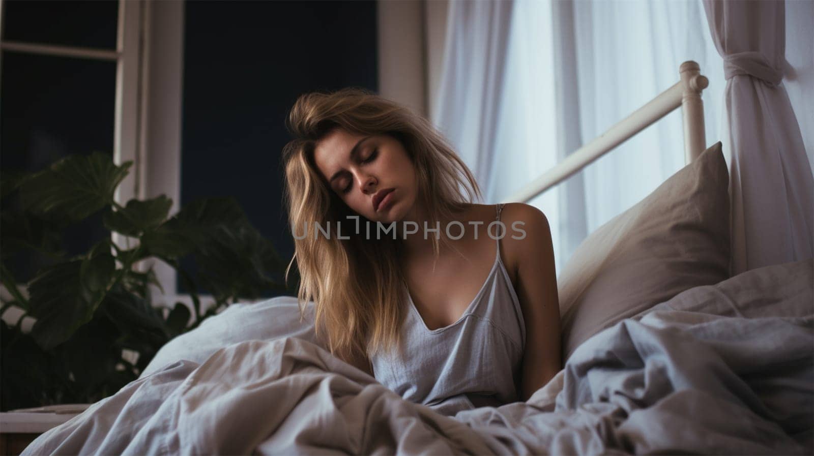 A sleepy young woman sits in bed and cannot wake up. chronic fatigue syndrome and overwork.