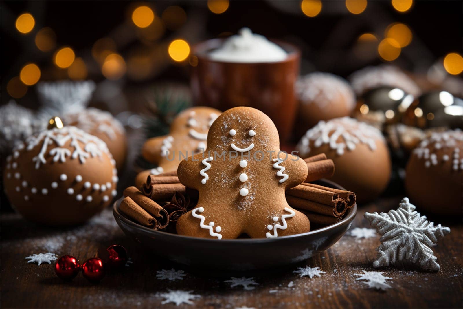 Christmas gingerbread cookies, holiday decorations and hot chocolate with cream in a mug on a Christmas background, close-up