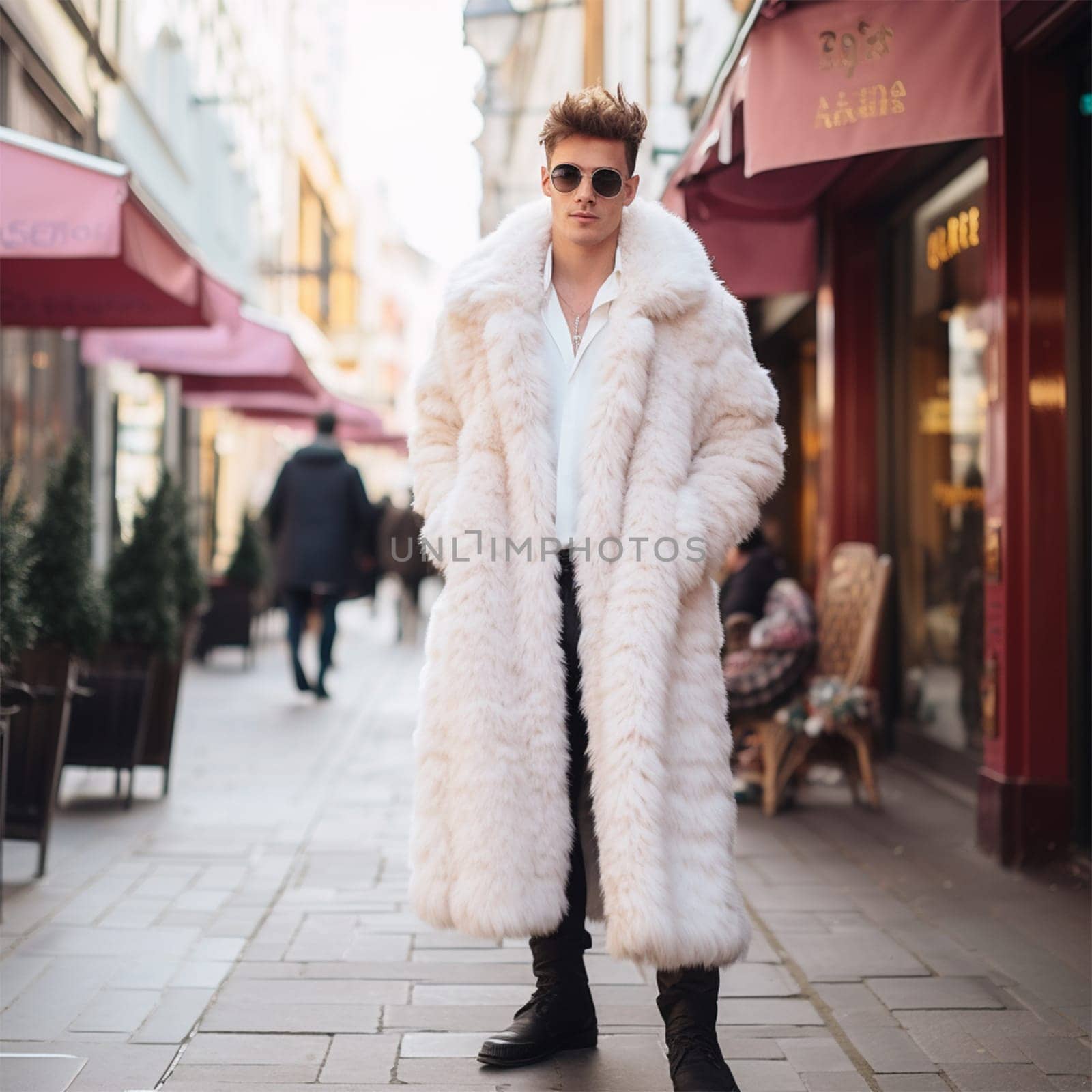 Street style clothing - fashionable man in a white elegant fur coat fashion on the street. for Fashion Concept, Animal Welfare and Faux Fur, Content Blogger