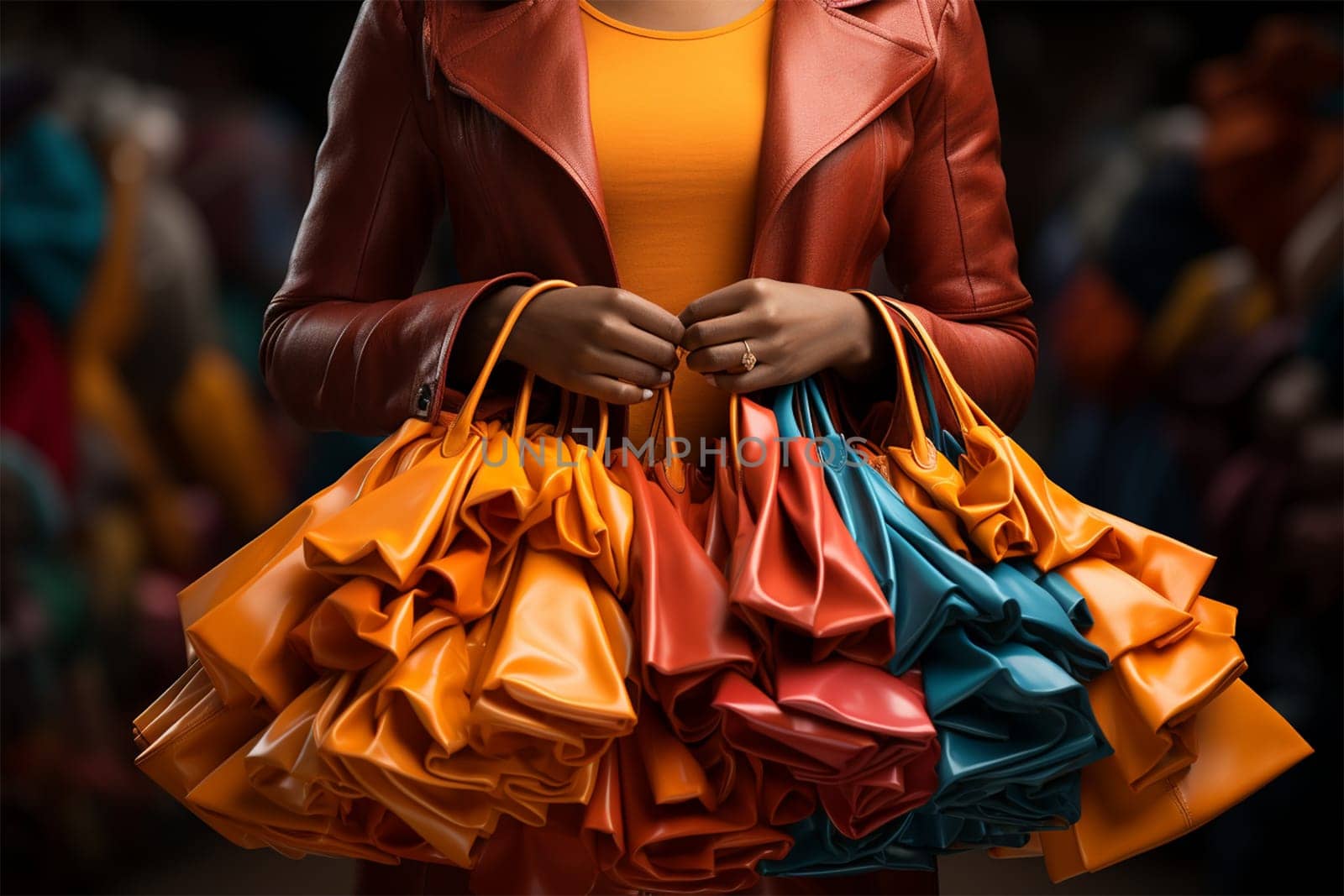 female artisan with small colorful leather handbags on the background of the store. shopping and holidays concept.art crafts