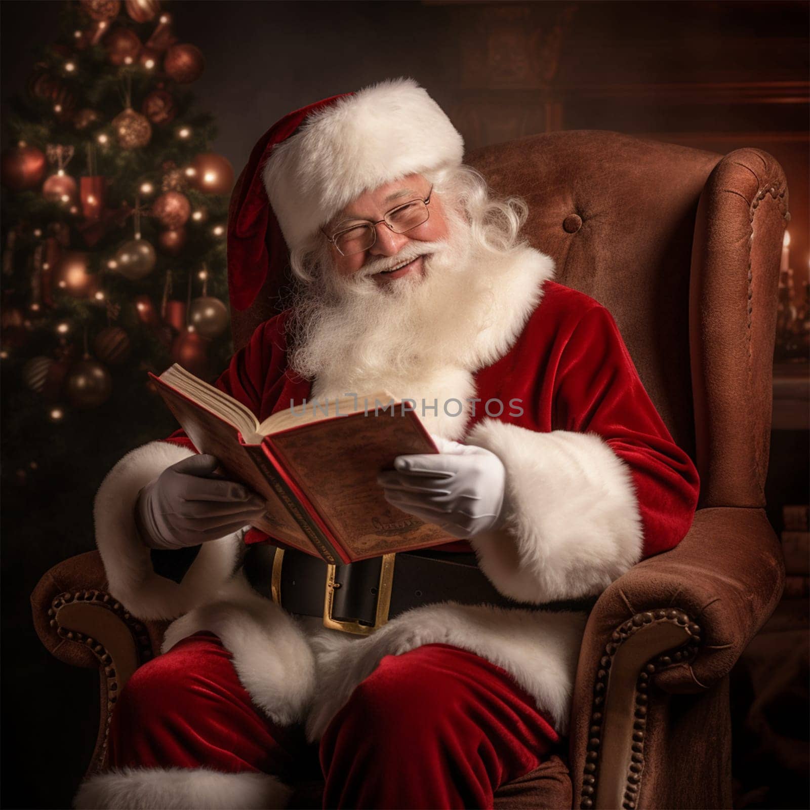 Santa Claus with a book sits in a chair in a room with a fireplace, decorated for Christmas. Christmas and New Year concept