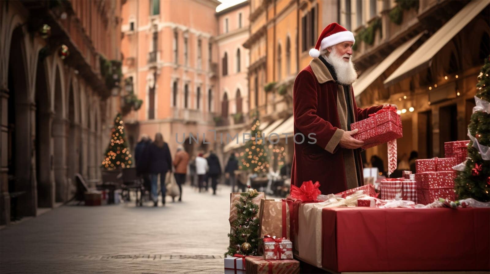 A salesman dressed as Santa lays out gift boxes on a counter at a Christmas market. Christmas and New Year holiday concept.