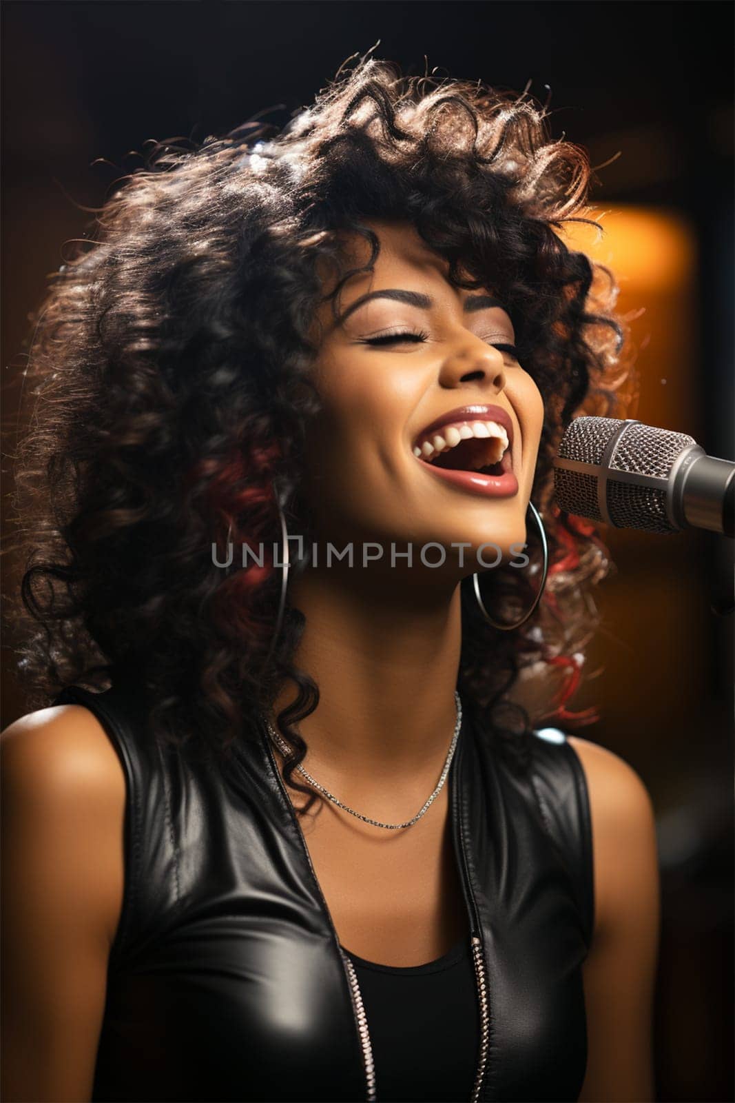 portrait.Beautiful young woman in a sound studio wearing headphones and a microphone sings and records a song with a professional microphone