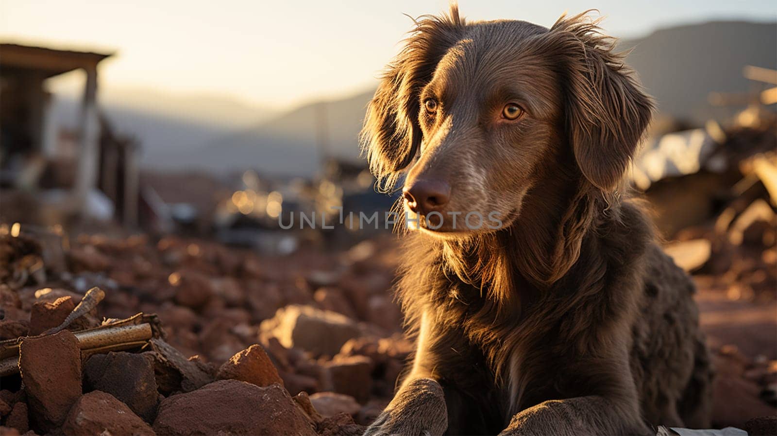 a dog lies on the ruins of a house after a natural disaster or war.
