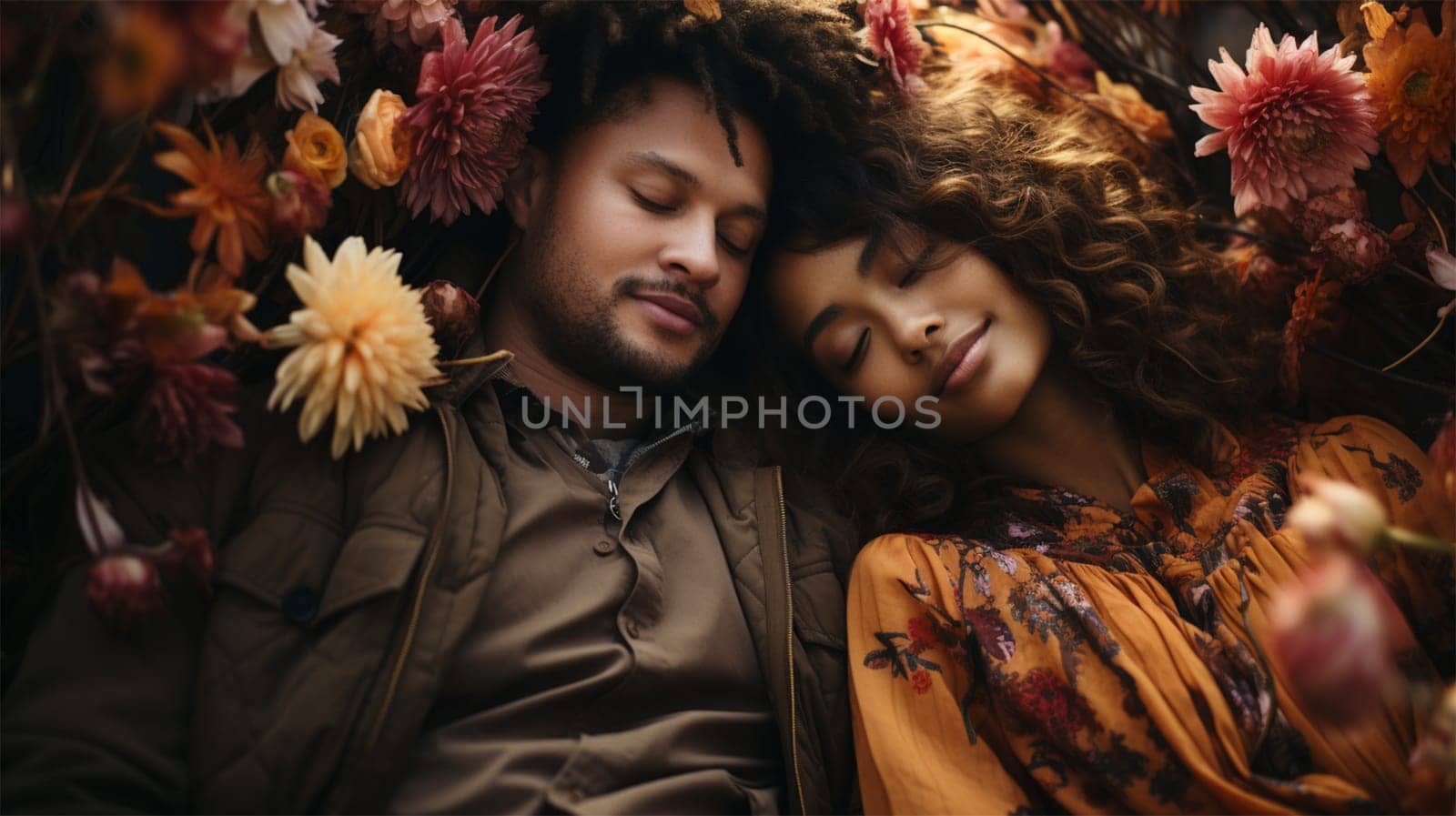 Happy young couple in warm clothes sits outdoors at autumn time and enjoying each other. .family and relationship concept
