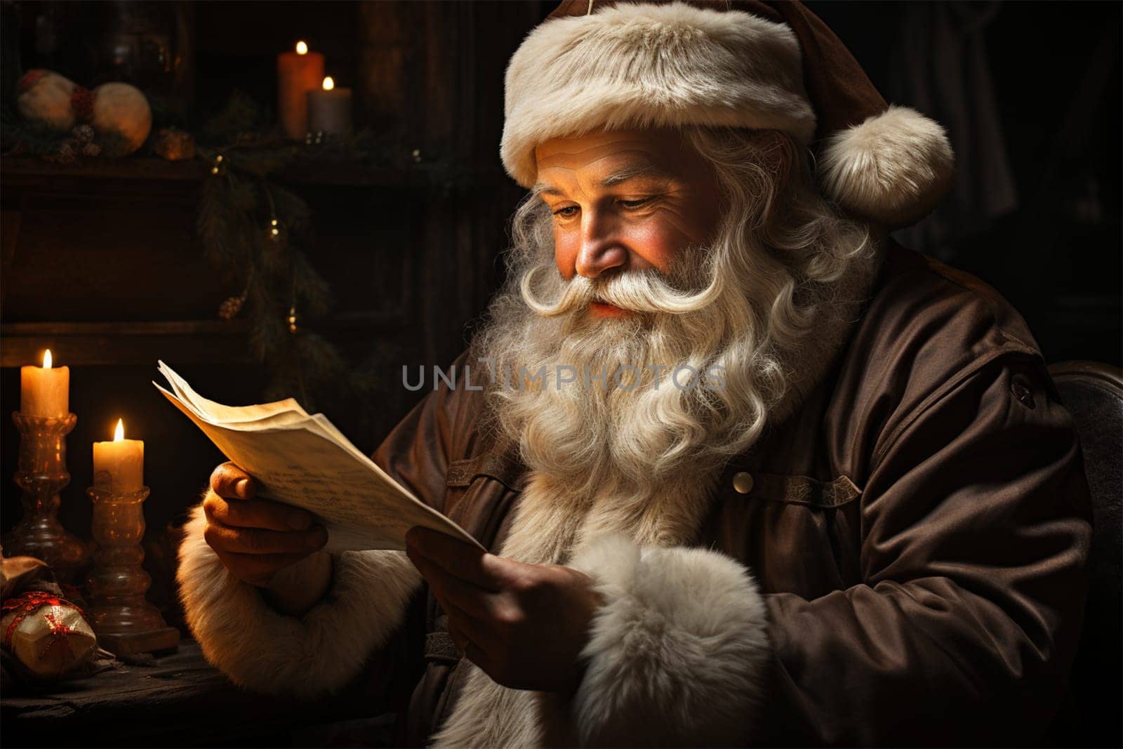 Santa Claus in a hat reads children's letters at home at his table against the backdrop of Christmas garlands.