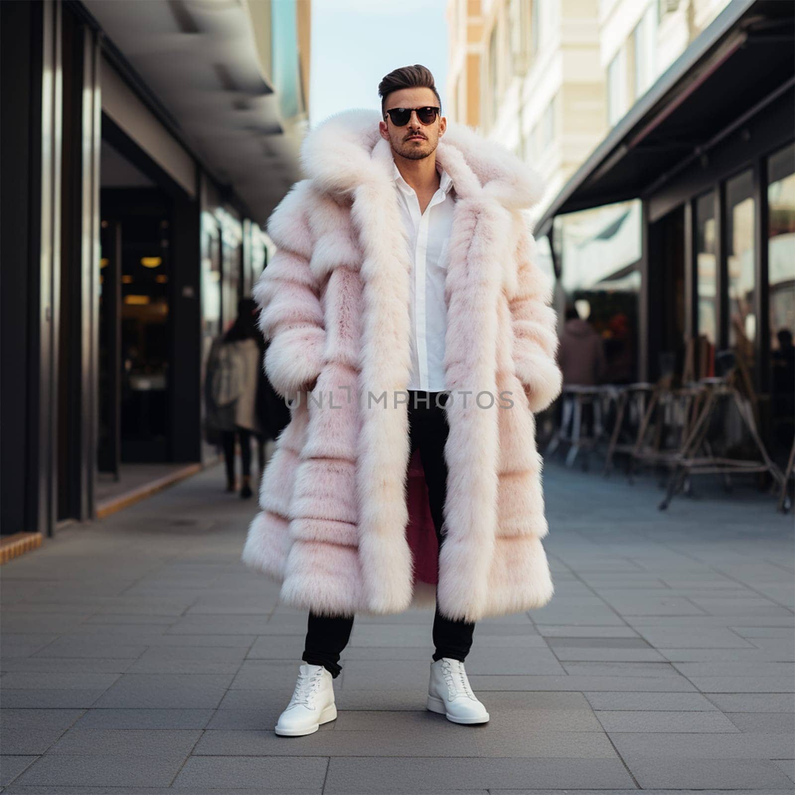 Street style clothing - fashionable man in a white elegant fur coat fashion on the street. for Fashion Concept, Animal Welfare and Faux Fur, Content Blogger