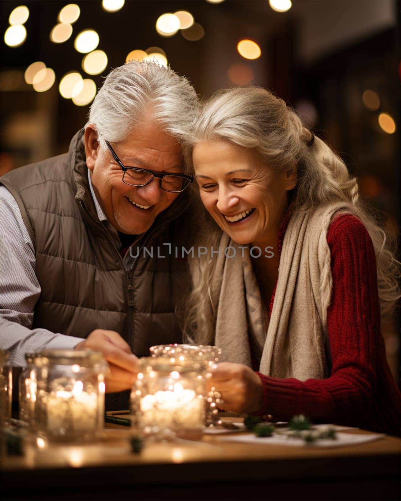 happy gray-haired couple with Christmas decorations opening gifts.family and holidays concept.