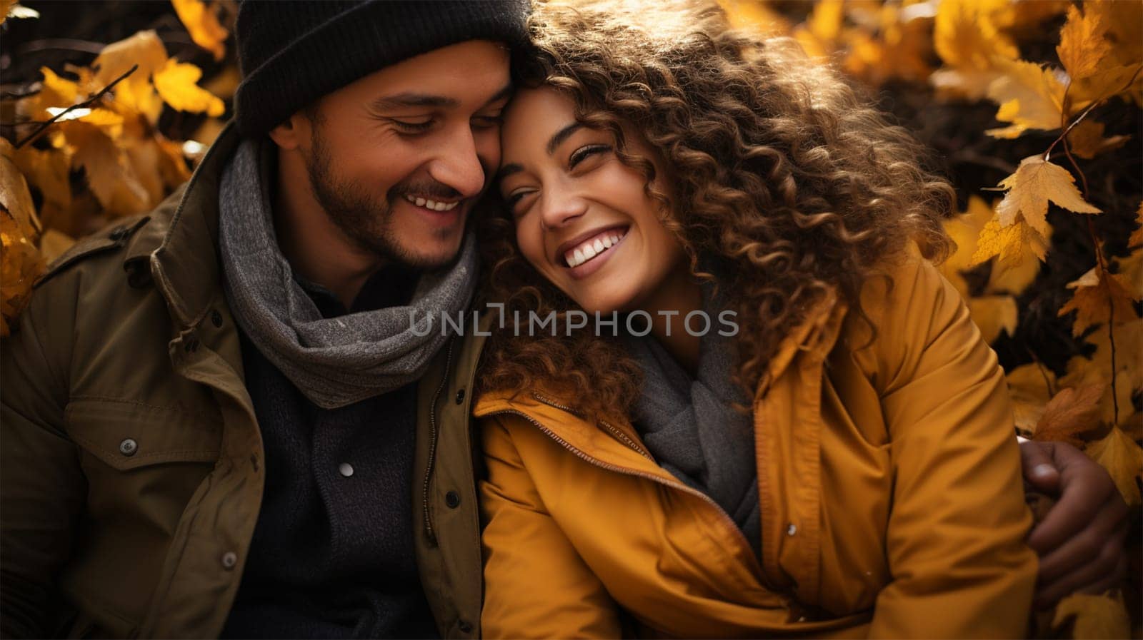 Happy young couple in warm clothes sits outdoors at autumn time and enjoying each other. .family and relationship concept