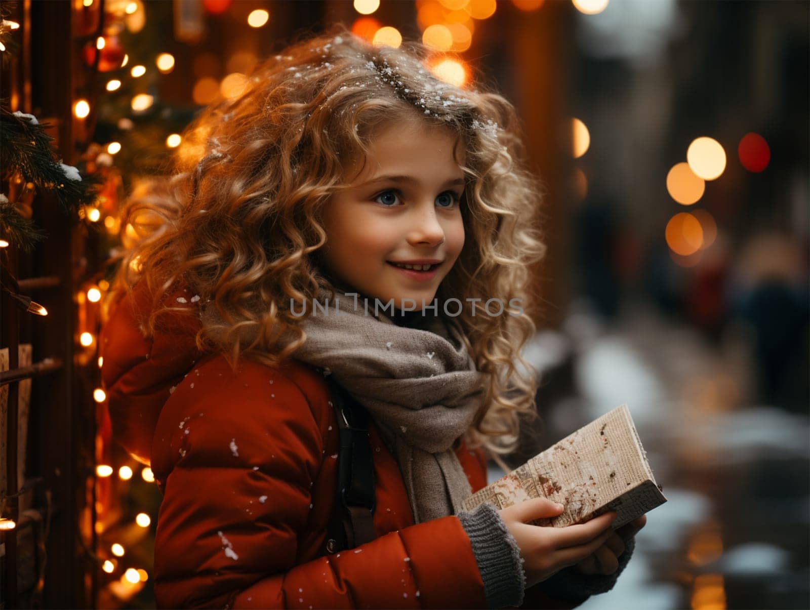 Joyful girl with a gift at the Christmas market.