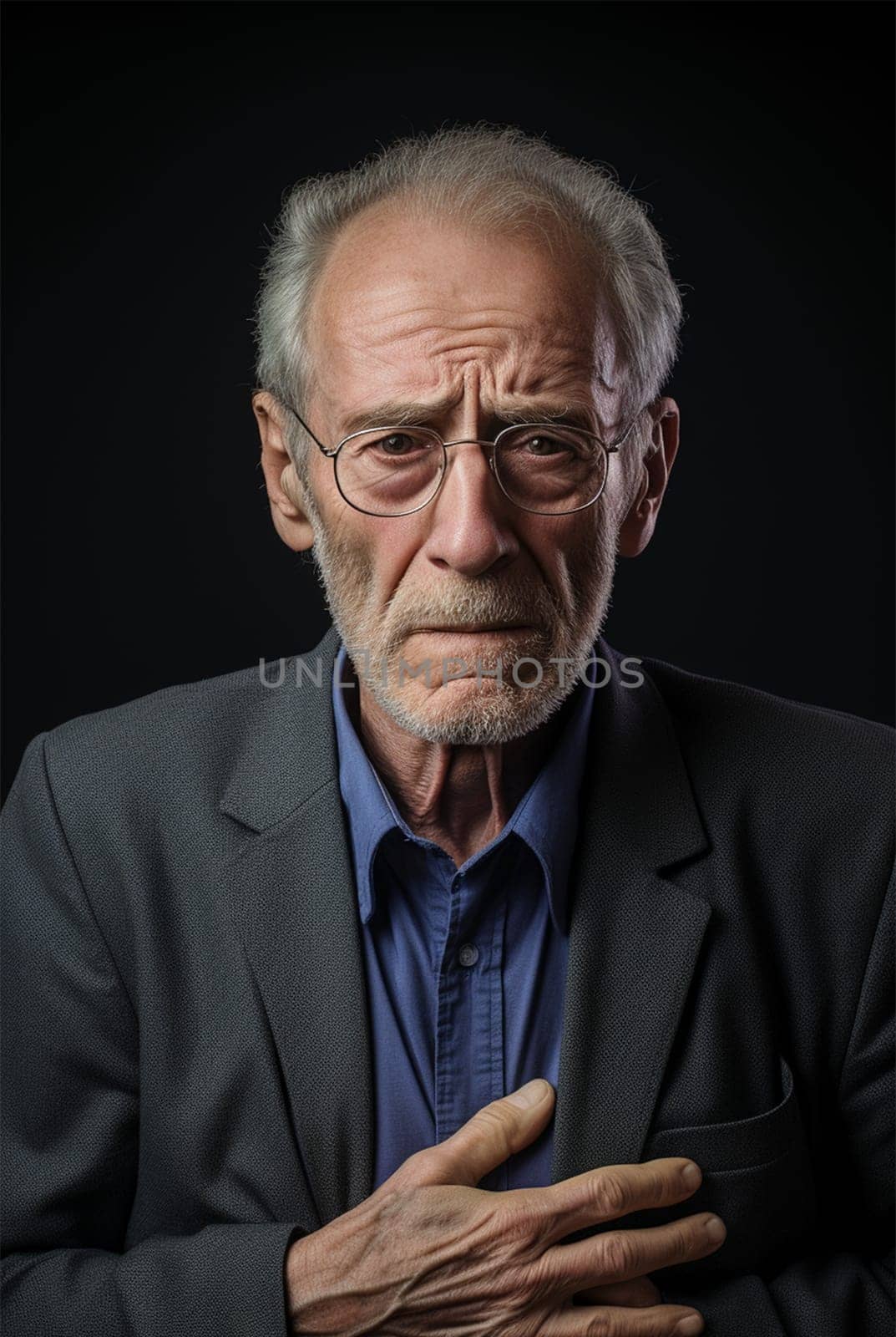 An elderly man presses his hand to his chest in the area of his heart. The concept of caring for health and loved ones.
