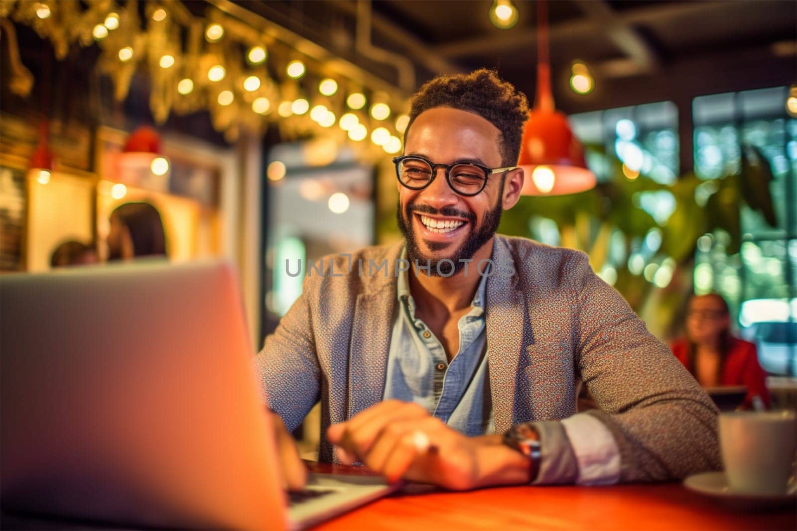 A young man works on a laptop using the Internet in a cafe and smiles.