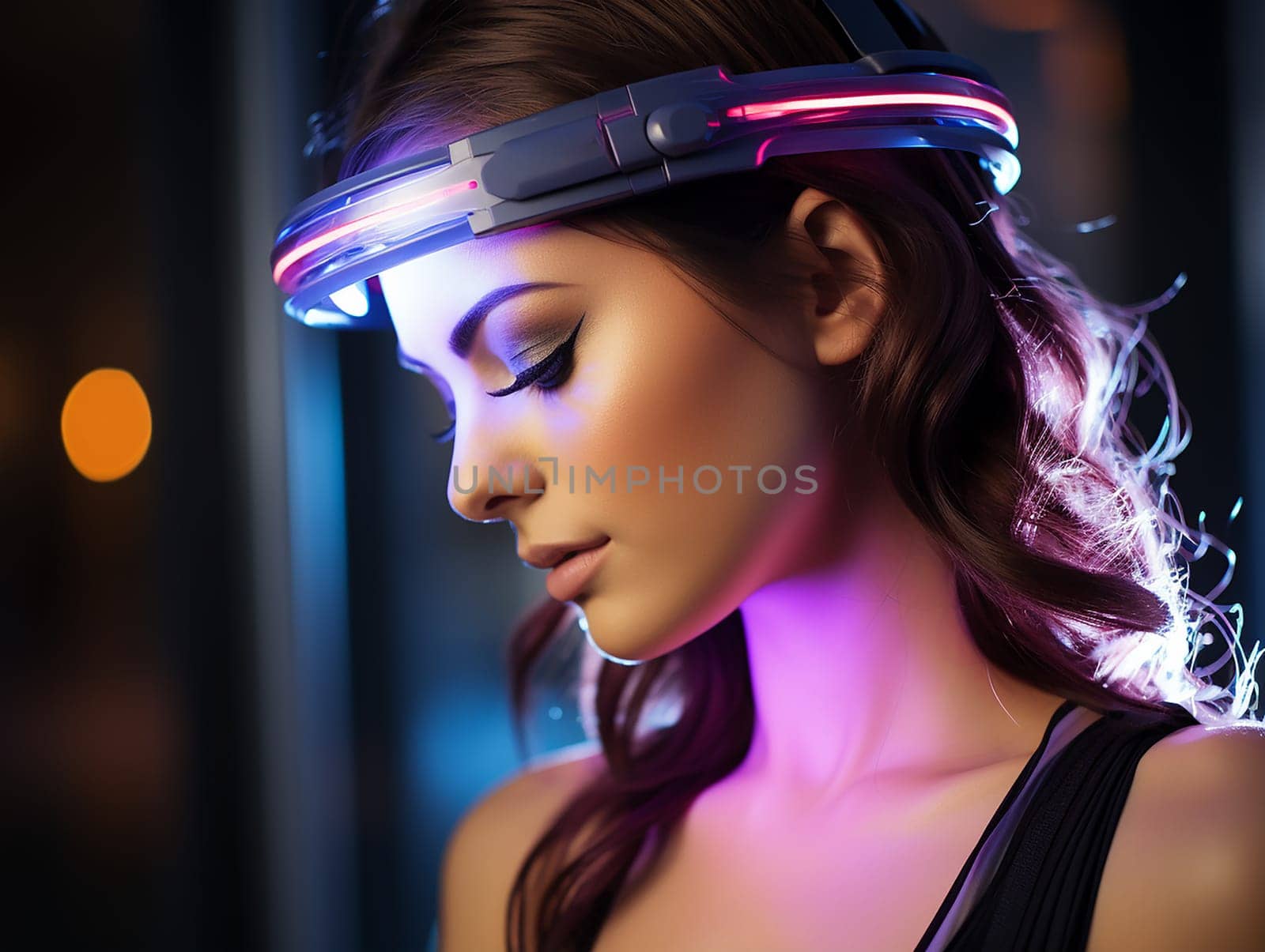futuristic headphones with neon light on the head of a young woman. introduction of new technologies in areas.