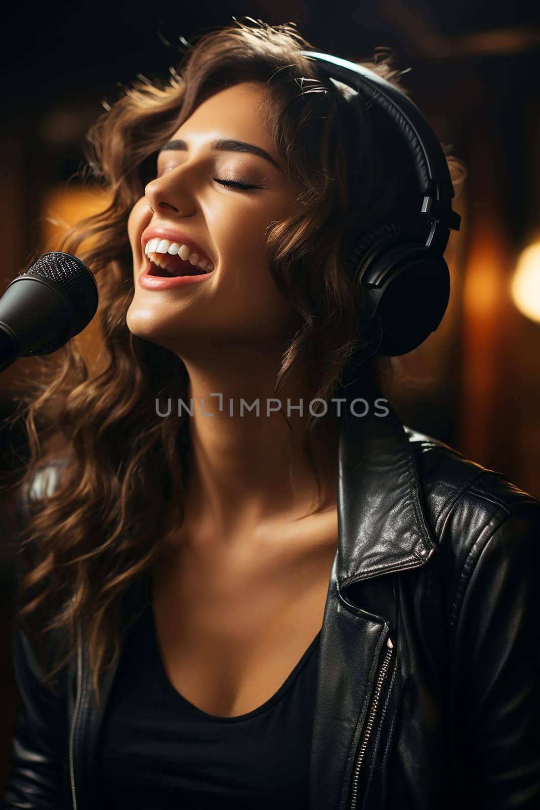 portrait in the studio.Beautiful young woman in a sound studio wearing headphones and a microphone sings and records a song with a professional microphone