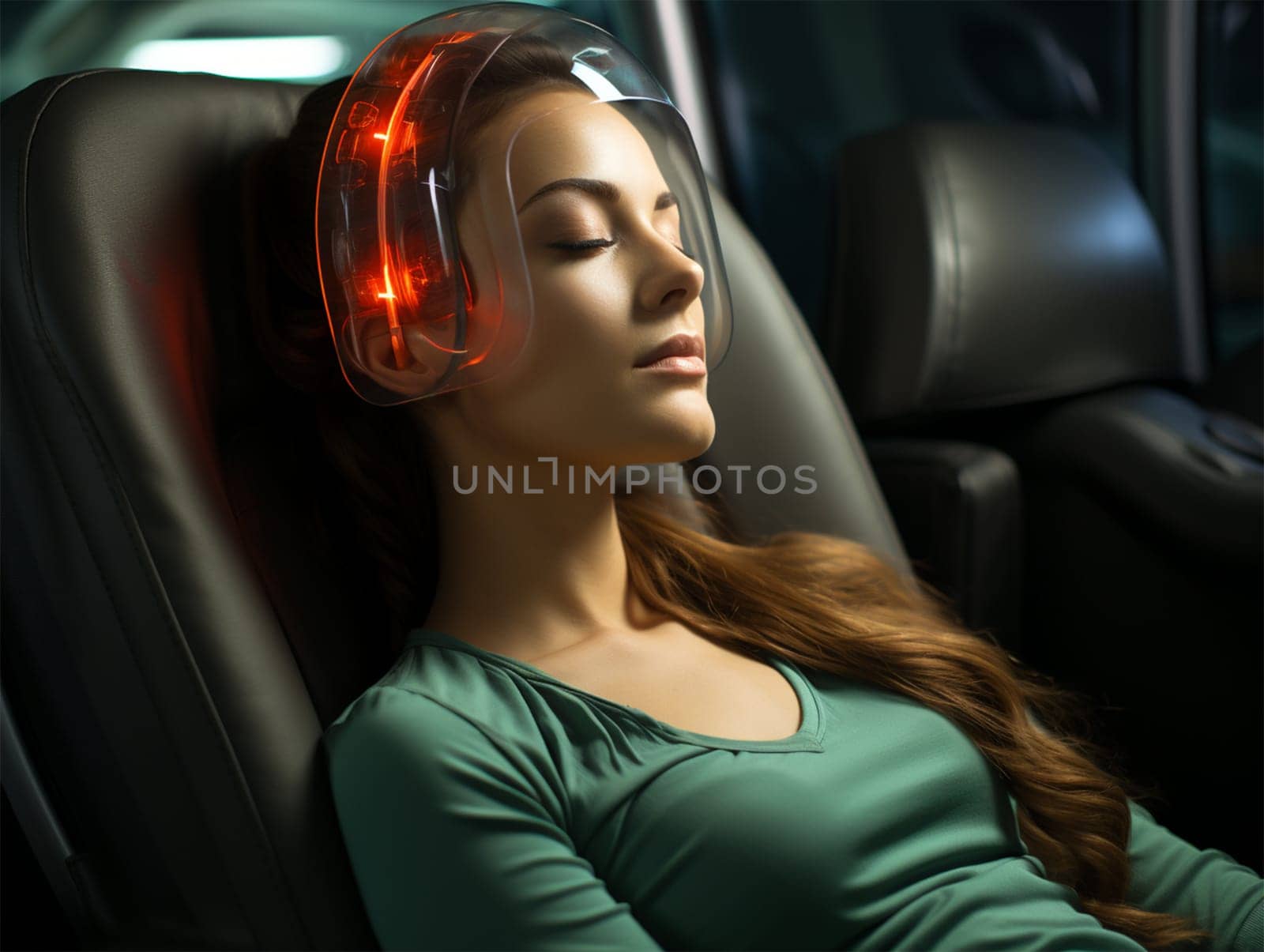 young woman in a futuristic helmet in glowing neon colors with electric sleep and headphones for long trips. technology development concept