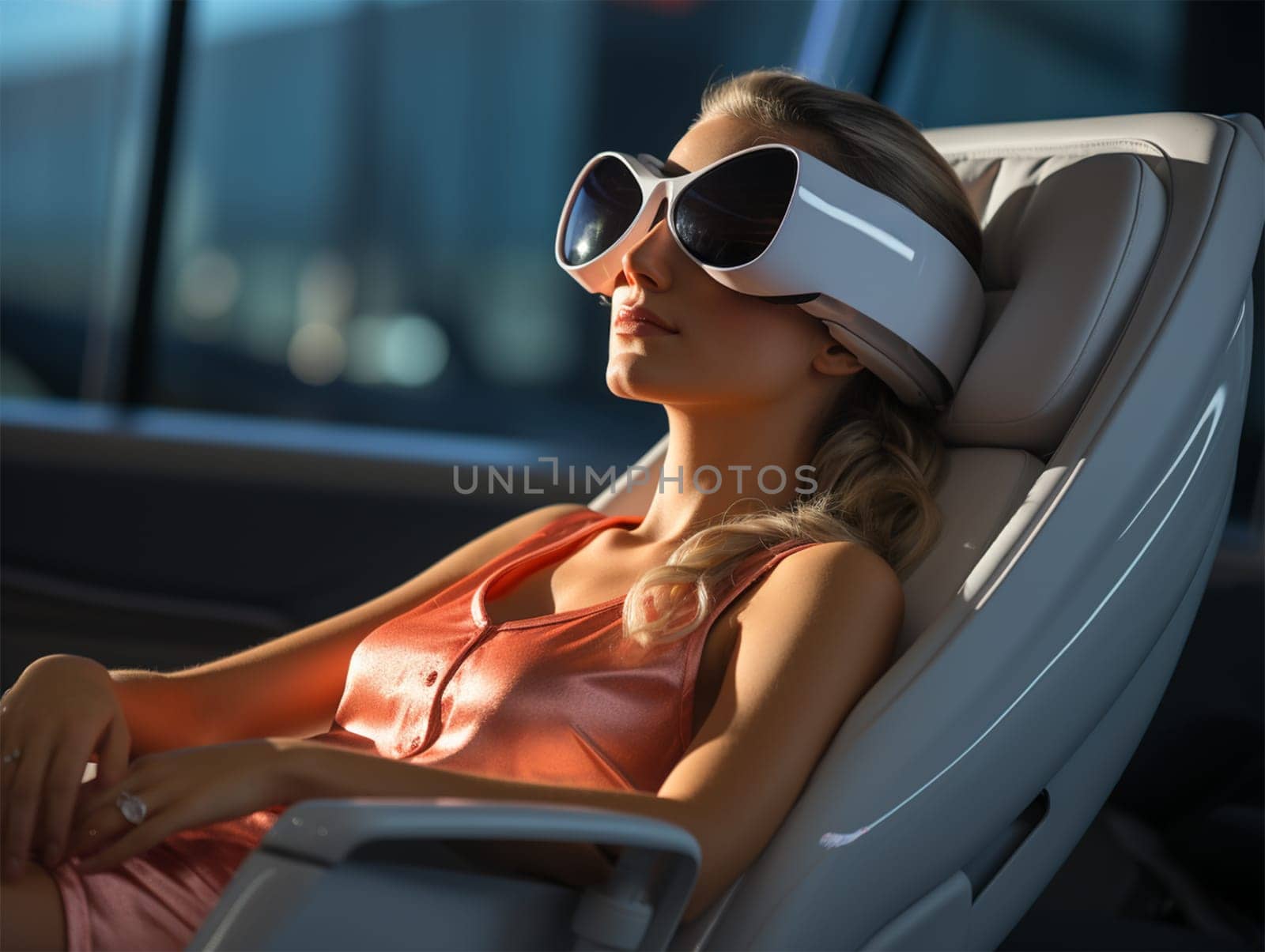 A woman in bright clothes and unusually shaped glasses sits in an interactive chair. Virtual reality engineering concept