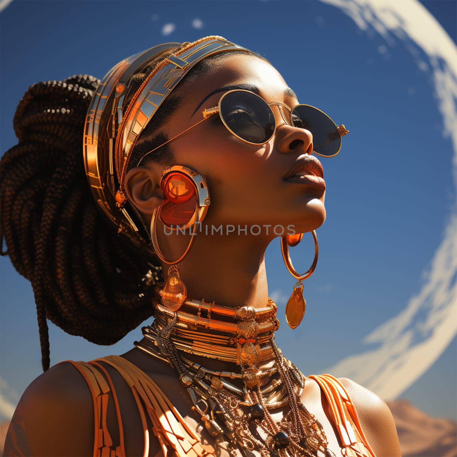 portrait of a young beautiful African woman wearing gold clothes, jewelry and headdress. ethnic concept. fantastic afrofuturism