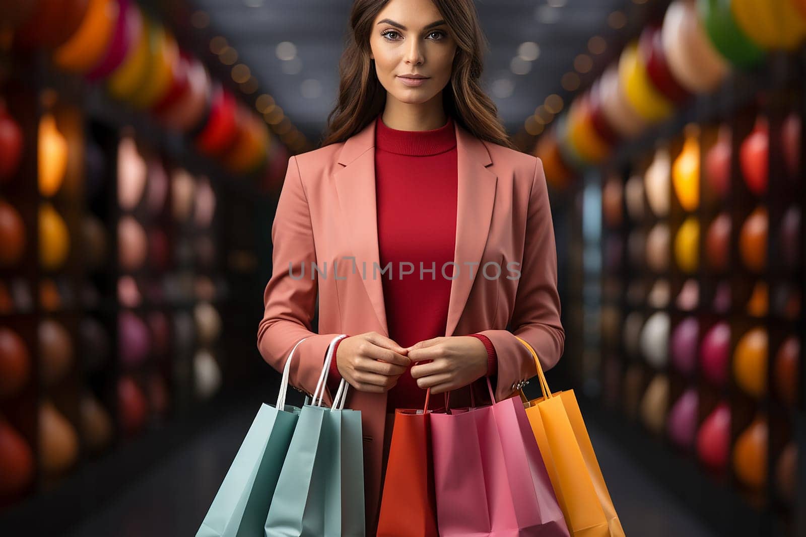female shopper with colorful shopping bags. on the background of a shopping center. shopping and holidays concept