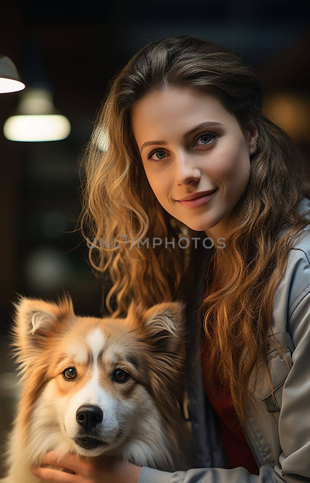 young woman with her pet dog in a veterinary clinic.