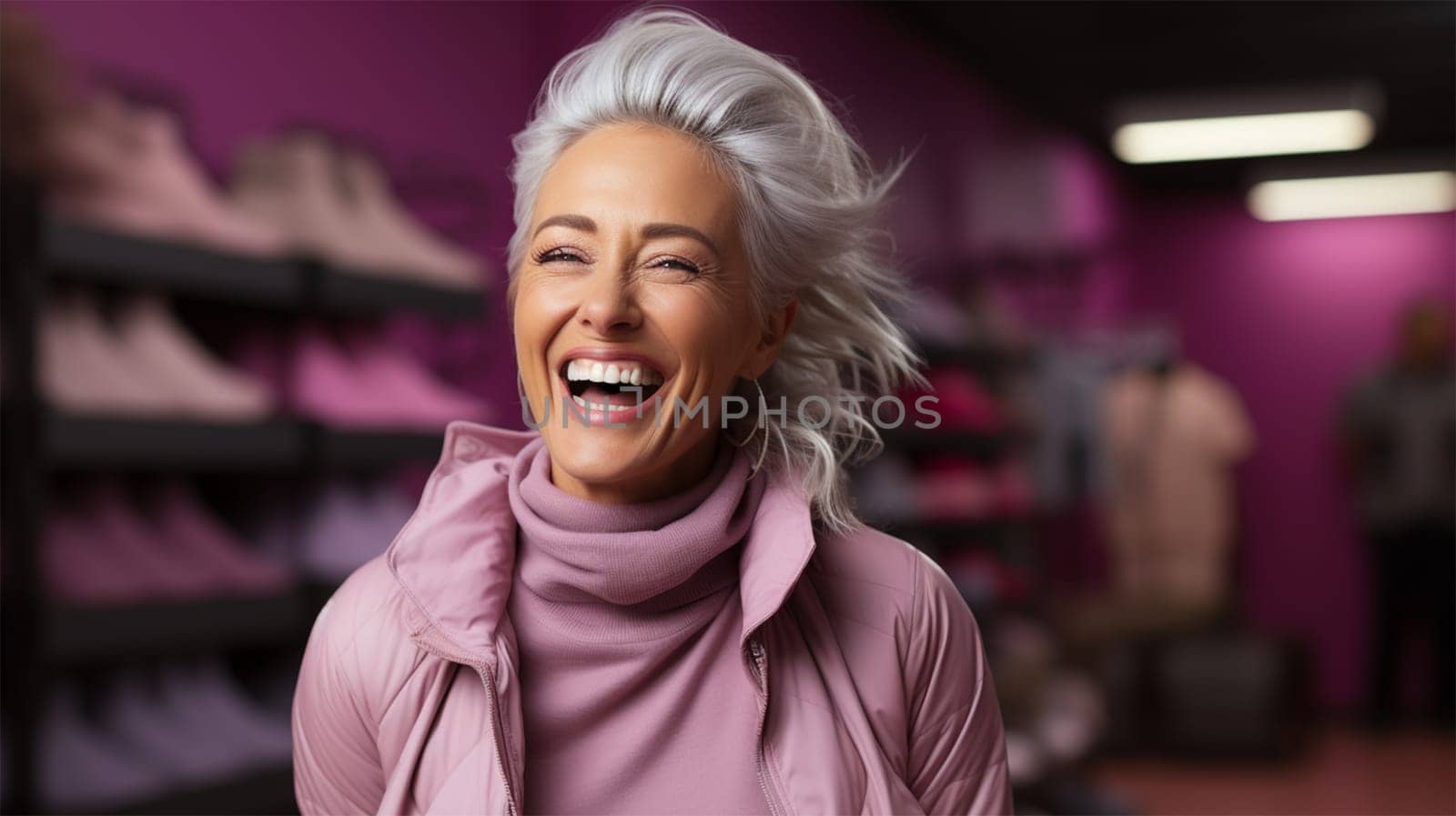 cheerful beautiful woman with gray hair against the background of shelves with shoes in the store. concept of sale of discounts and holidays.