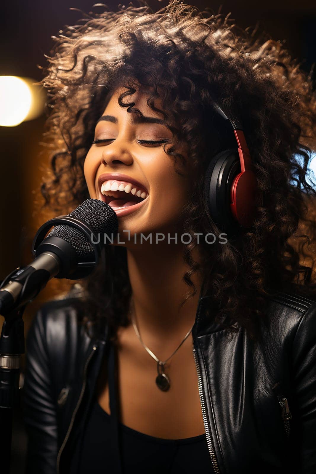 Beautiful young woman in a sound studio wearing headphones and a microphone sings and records a song with a professional microphone, portrait.