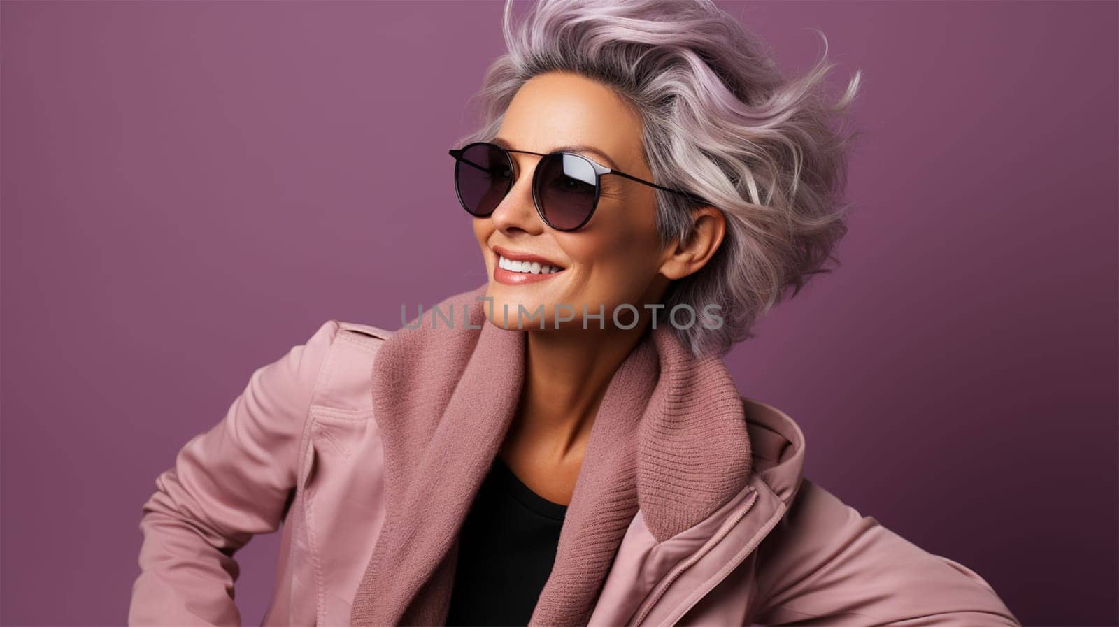 beautiful model 50-60 years old on a lilac background.