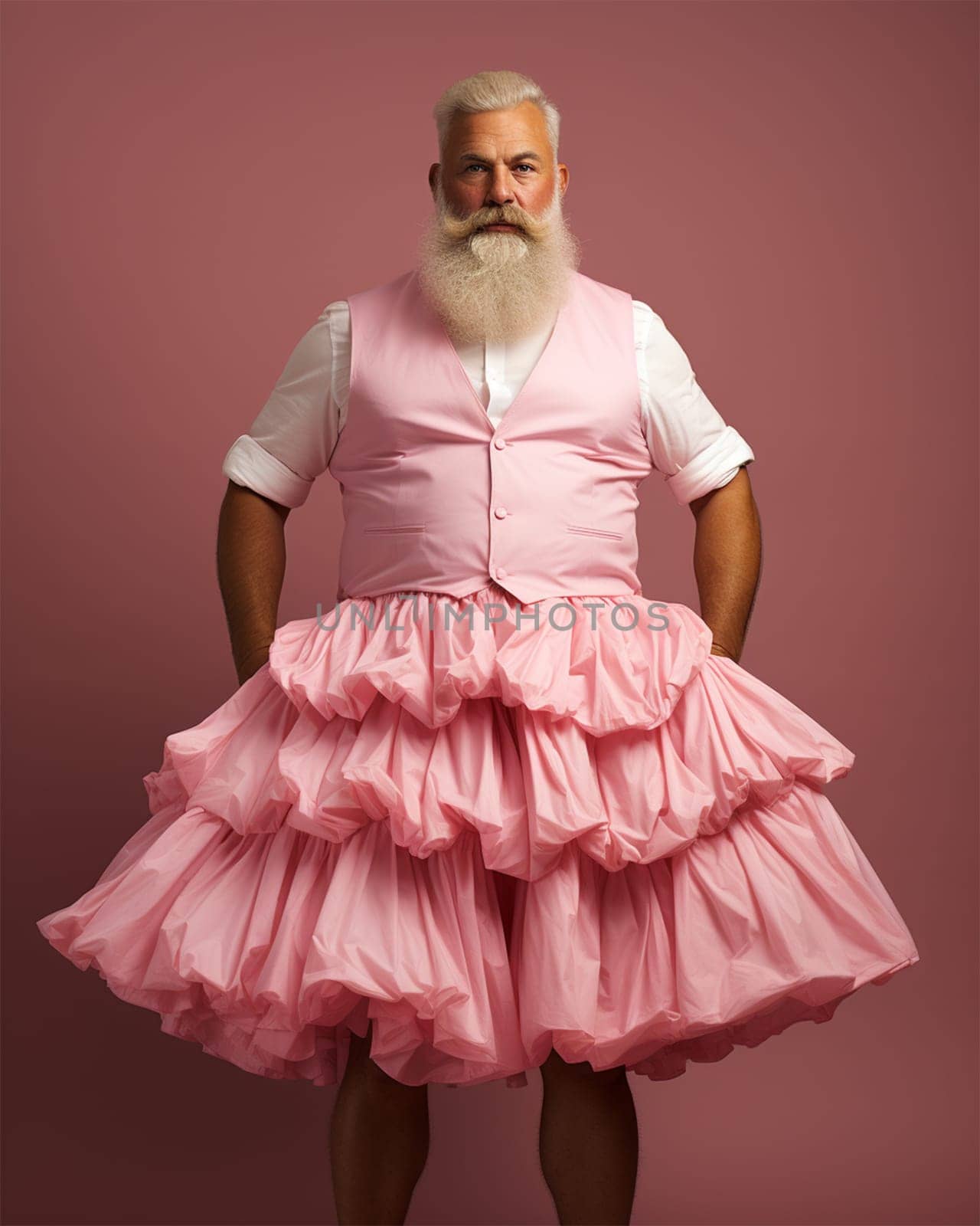 cheery bearded fat man in a pink ballerina tutu on a pink background.concept of individuality and difference.Generative AI