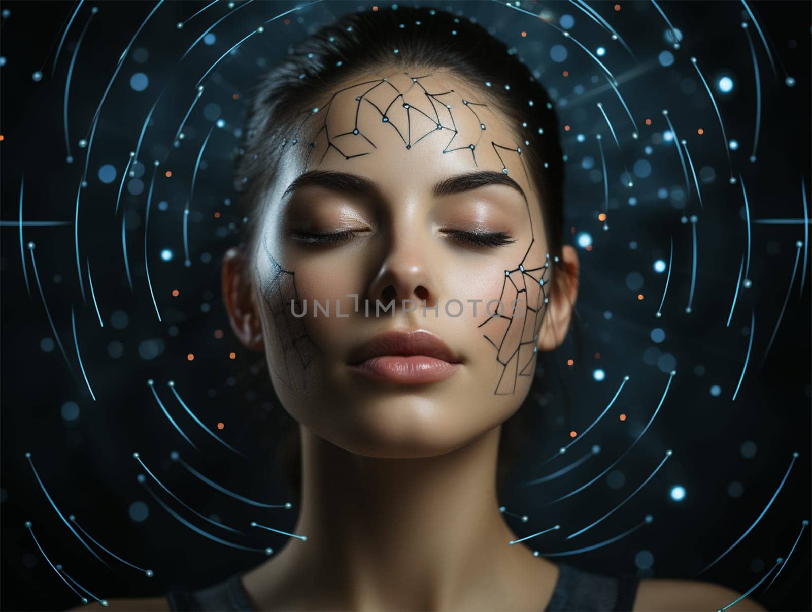 Neon lines on the face and around the head of a young woman. introduction of artificial intelligence in cosmetology and medicine.