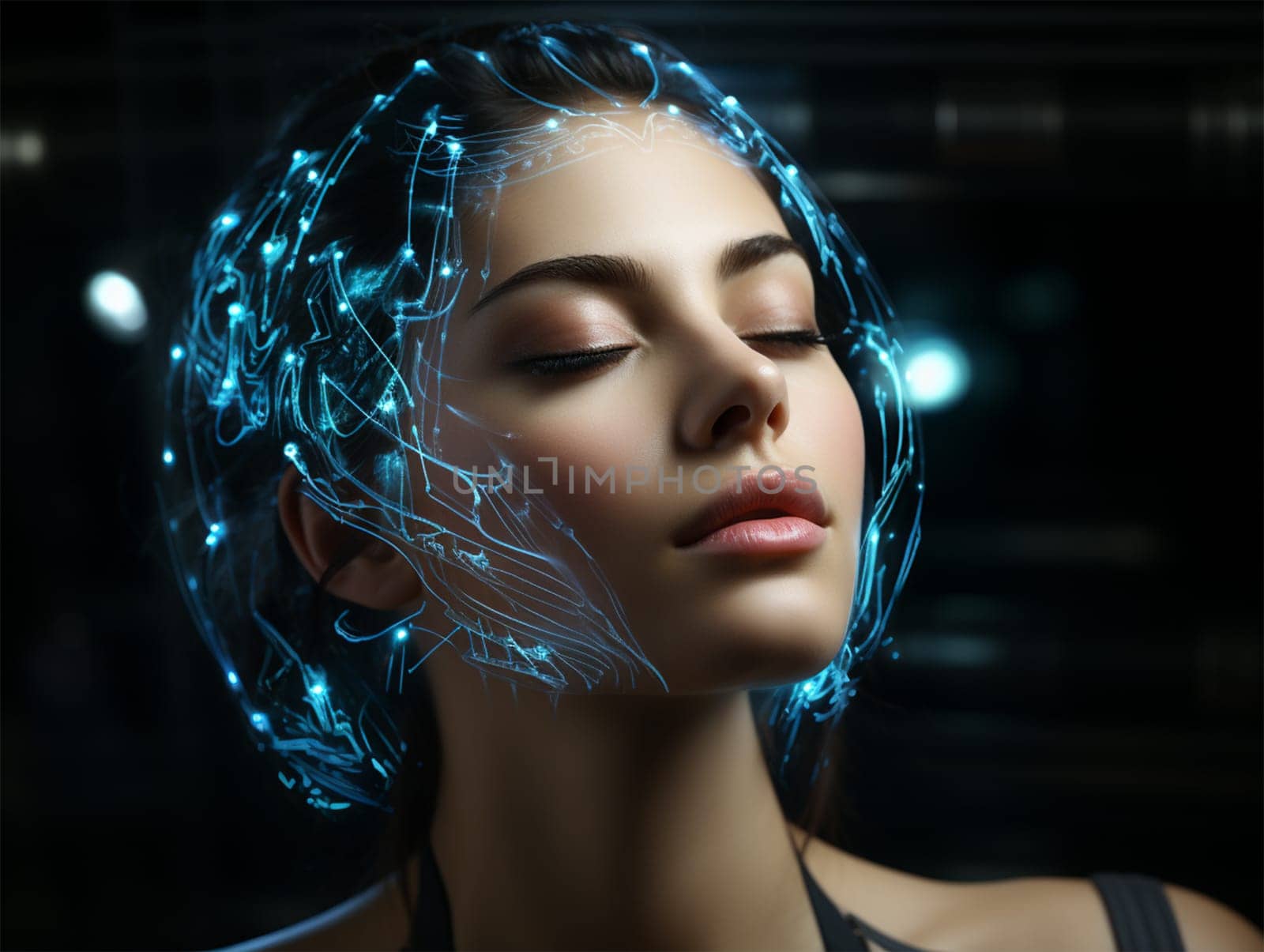 Neon lines on the face and around the head of a young woman. introduction of artificial intelligence in cosmetology and medicine.