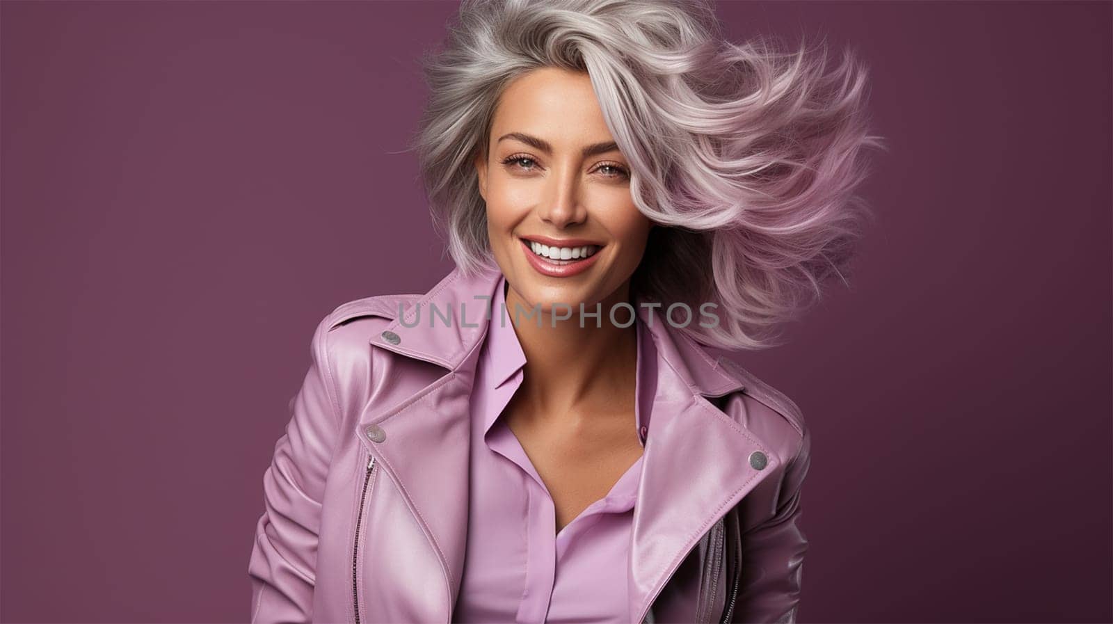 beautiful model 50-60 years old on a lilac background.
