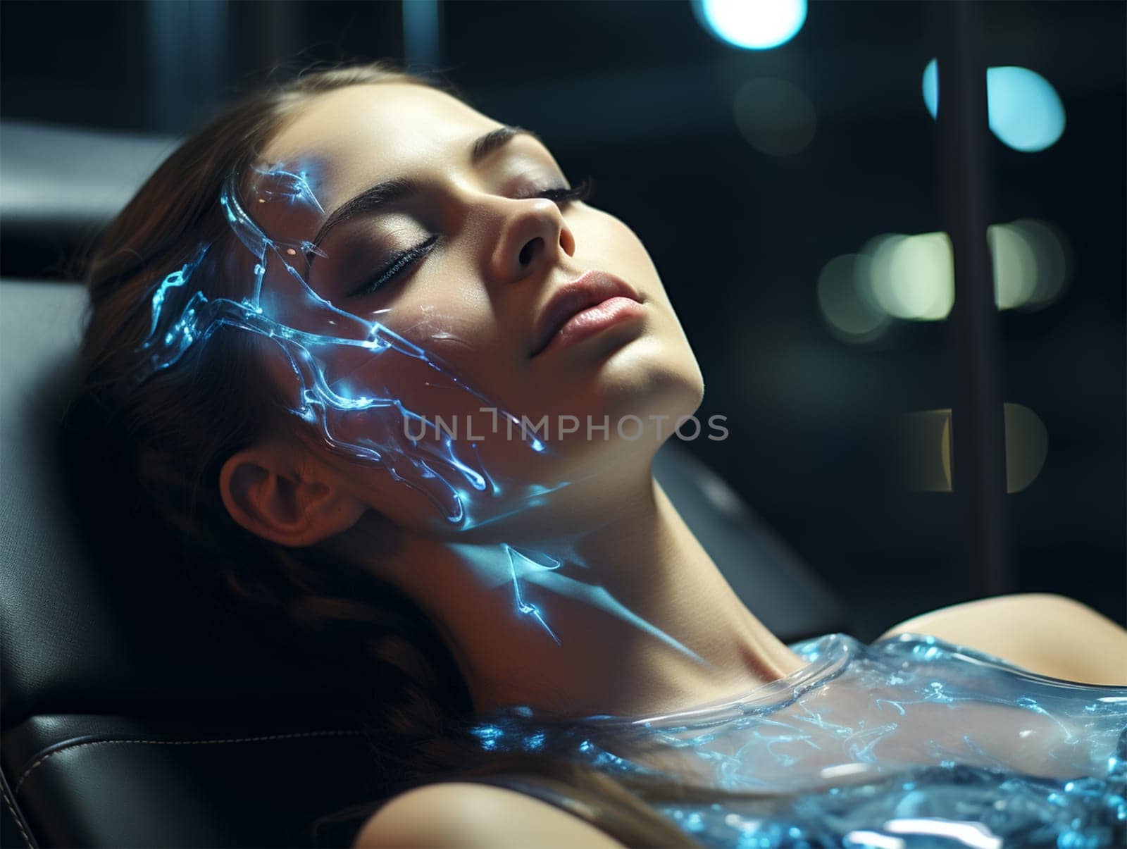 futuristic device with neon light on the face of a young woman. introduction of artificial intelligence in cosmetology and medicine.