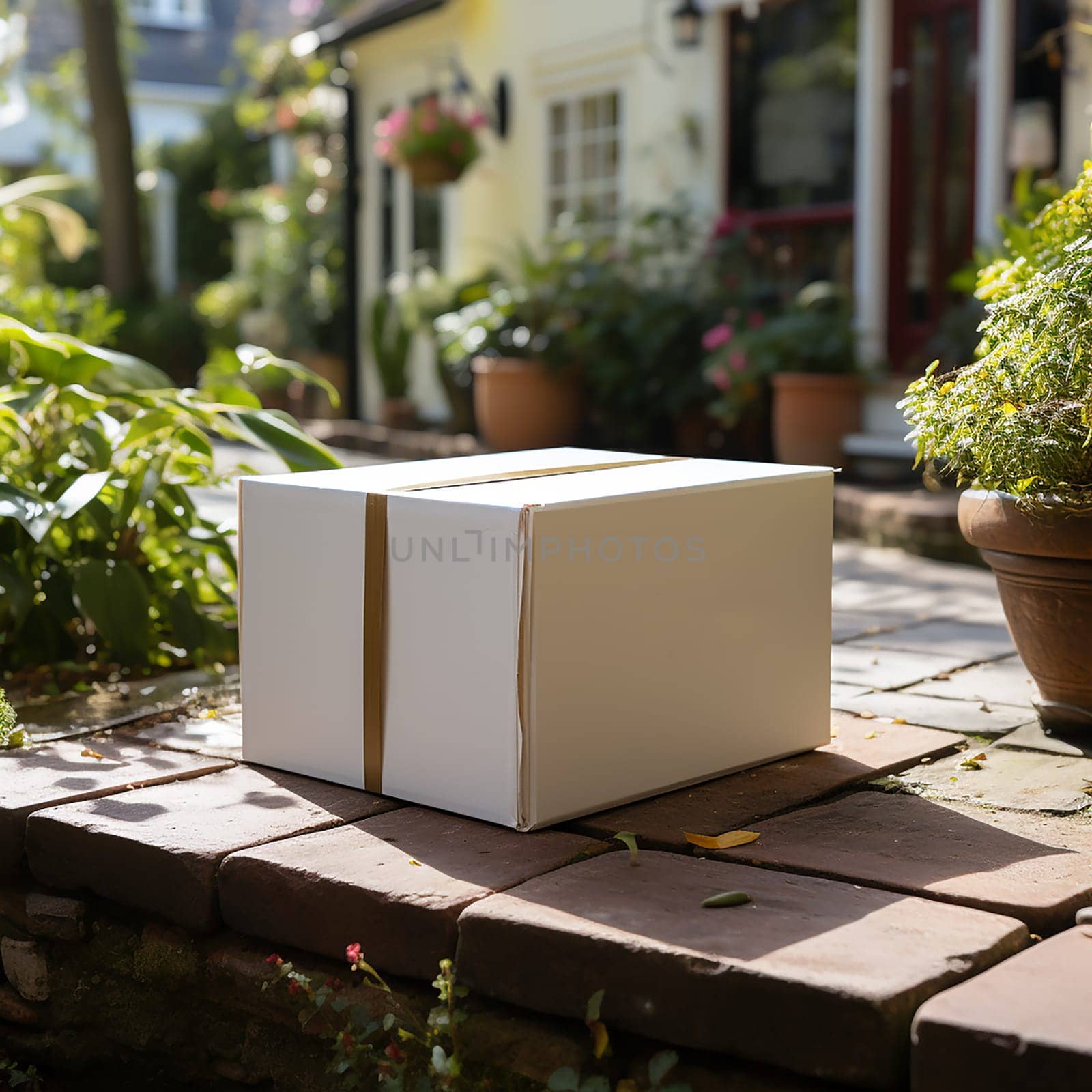 the parcel is standing near the house. delivery box parcel in the yard of the house